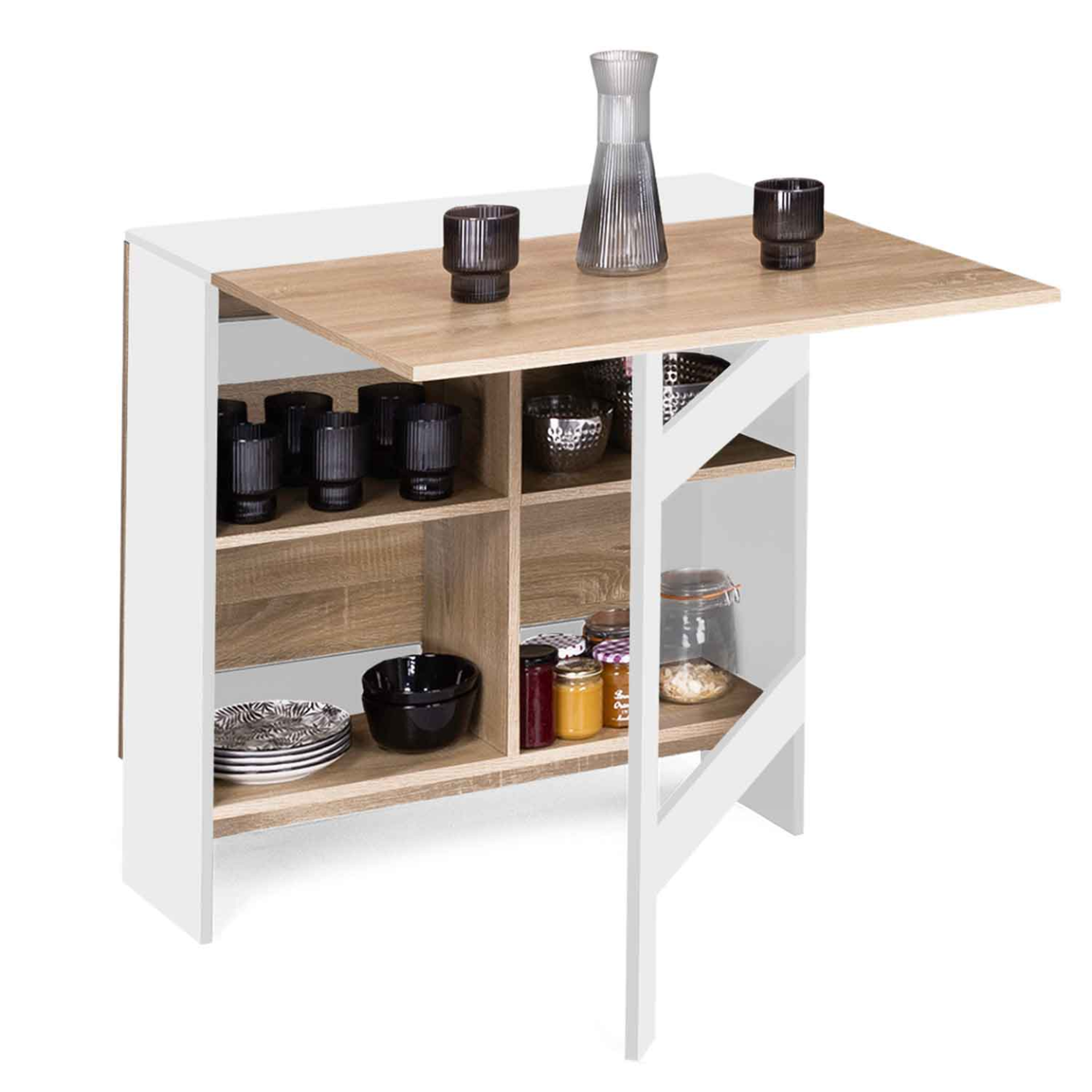 ID MARKET Table console pliable edi 2-6 personnes avec rangements bois blanc plateau façon hêtre 150 x 80 cm