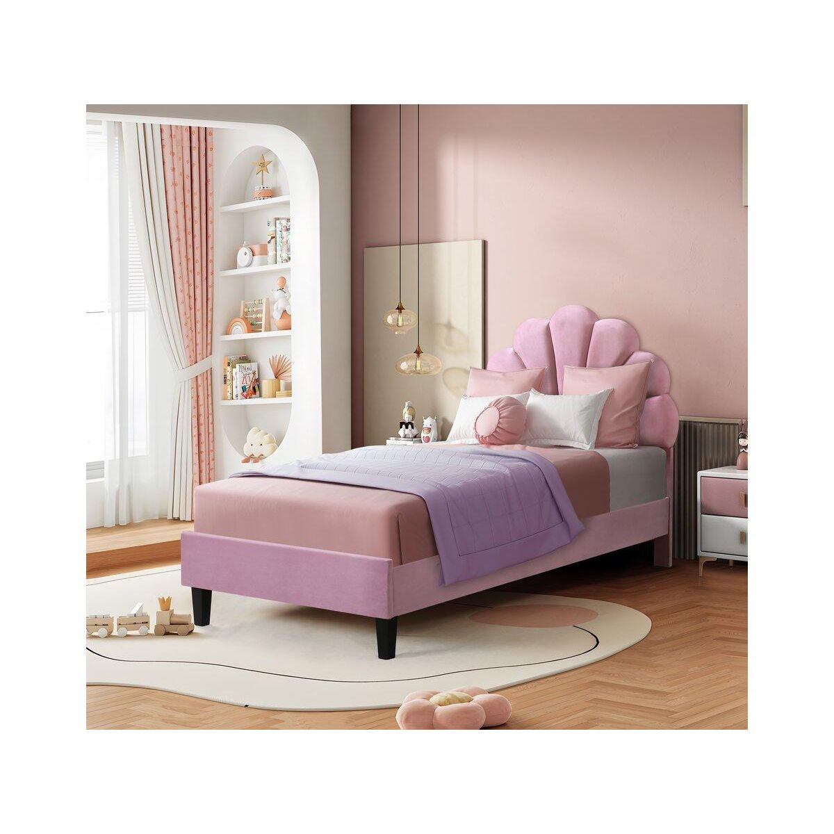 Habitat et Jardin Lit coquillage en velours  Manon  - 90 x 190 cm - Rose