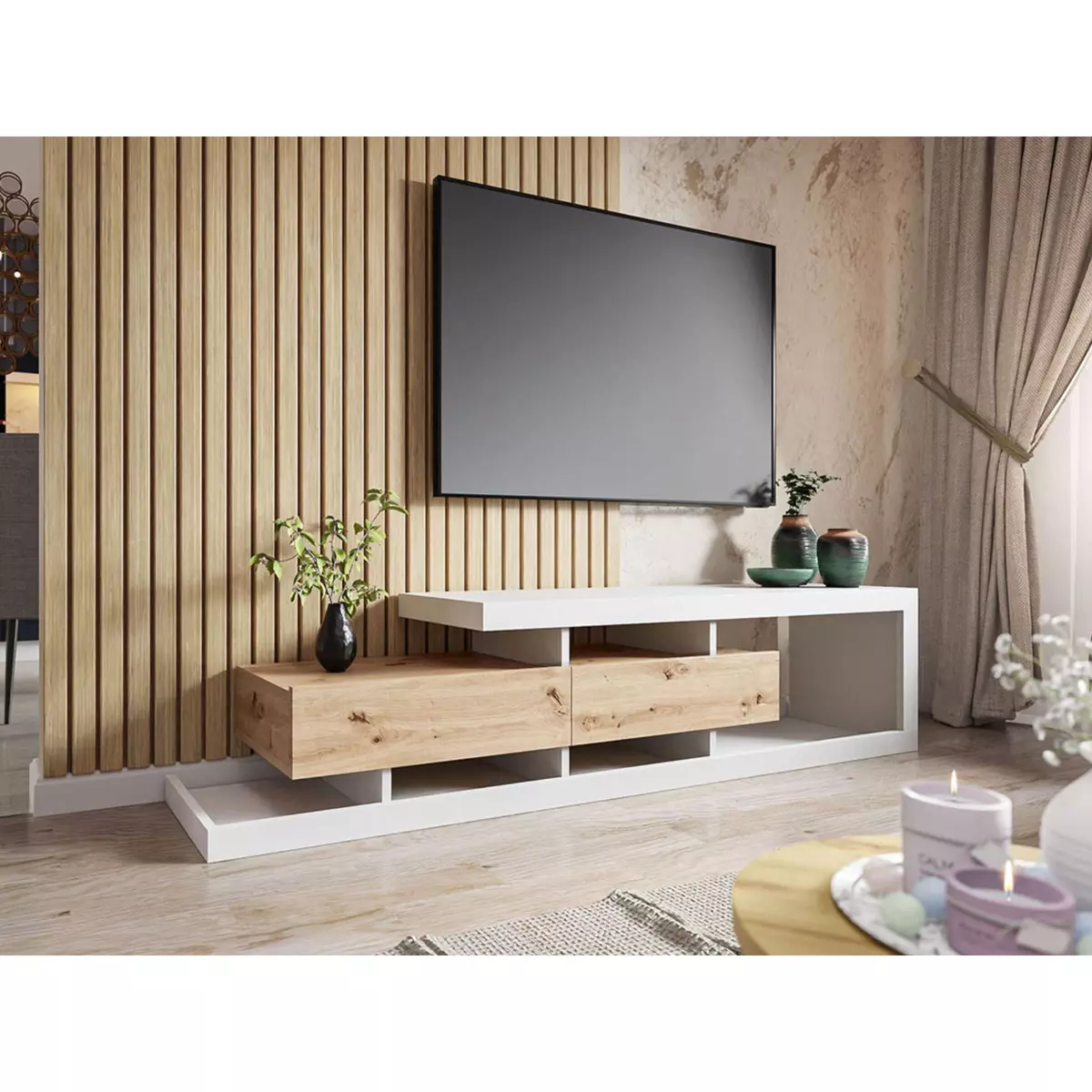 BEST MOBILIER Olga - meuble tv - bois et blanc - 198 cm - style scandinave -