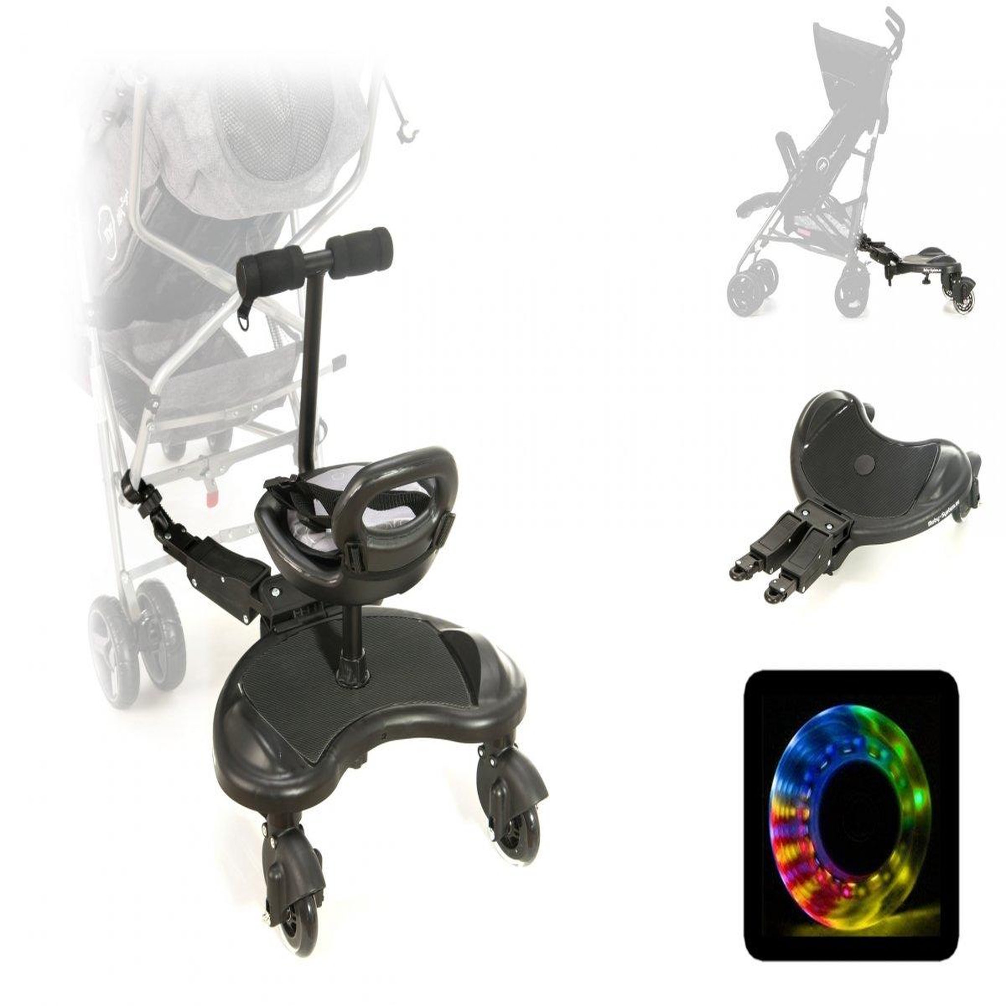 MOBY SYSTEM Planche à Roulette Poussette Universelle avec Siège Guidon Confort - Roues LED Charge 20 Kg 2-5 ans