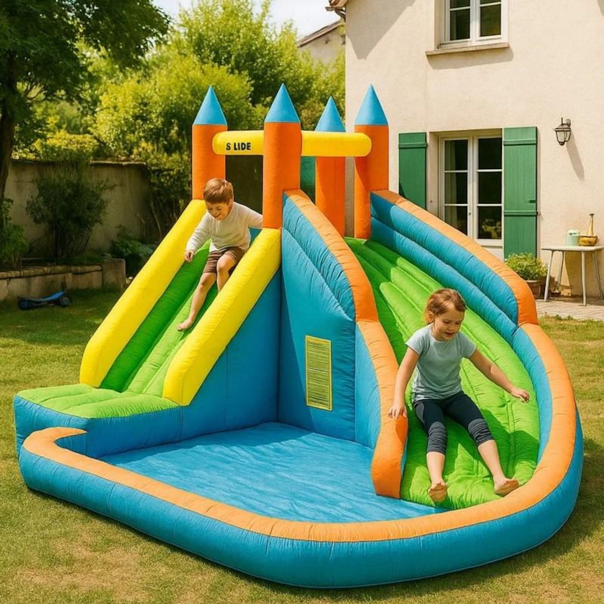 AIRMYFUN Château Aquatique Gonflable pour enfants 4m - Aire de jeux avec Escalade, Tobbogan et Piscine - Aqua Park