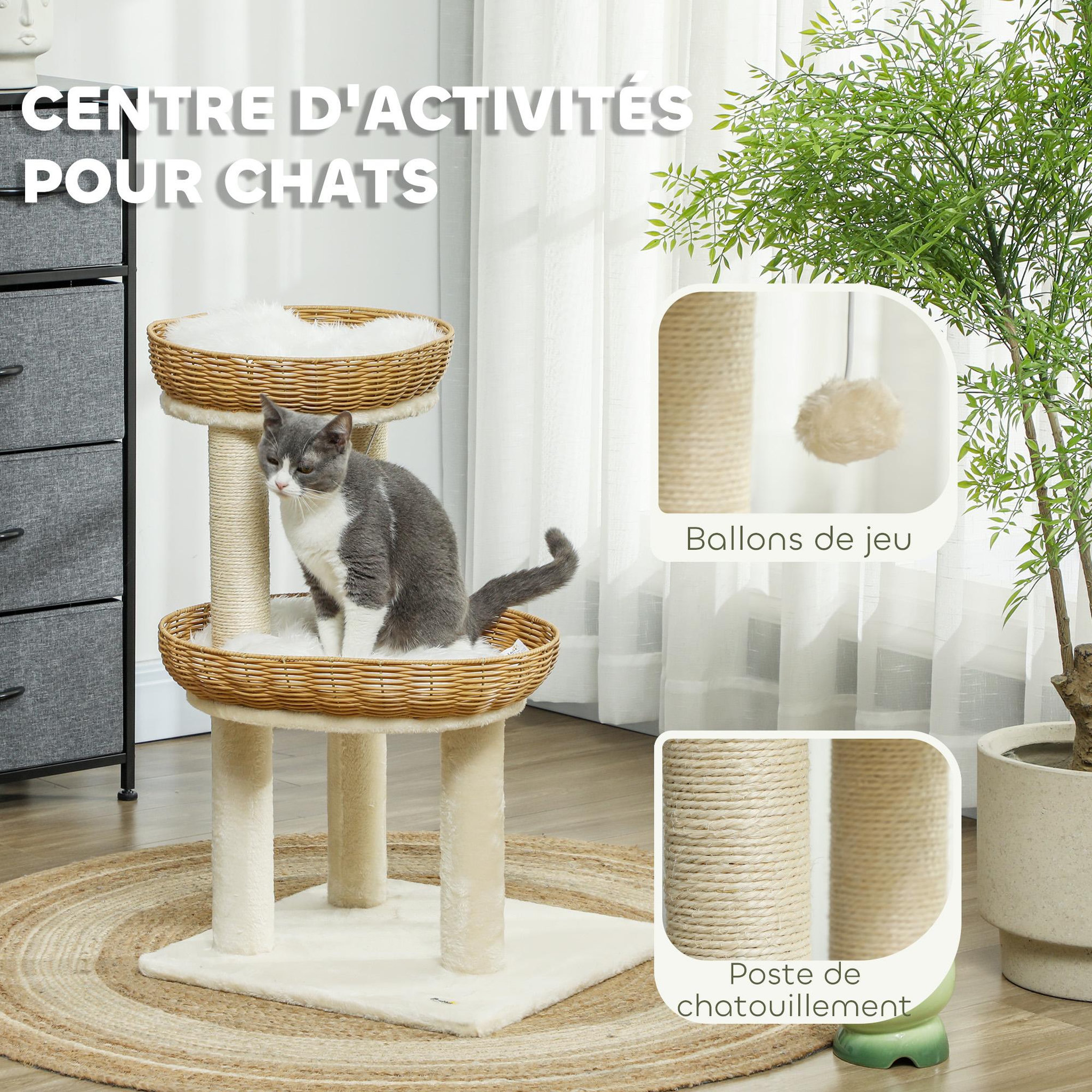 Voir la diapositive 4 : PAWHUT Arbre à chat style bohème aspect rotin tressé - griffoirs, 2 paniers coussins effet fourrure, balle suspendue - beige