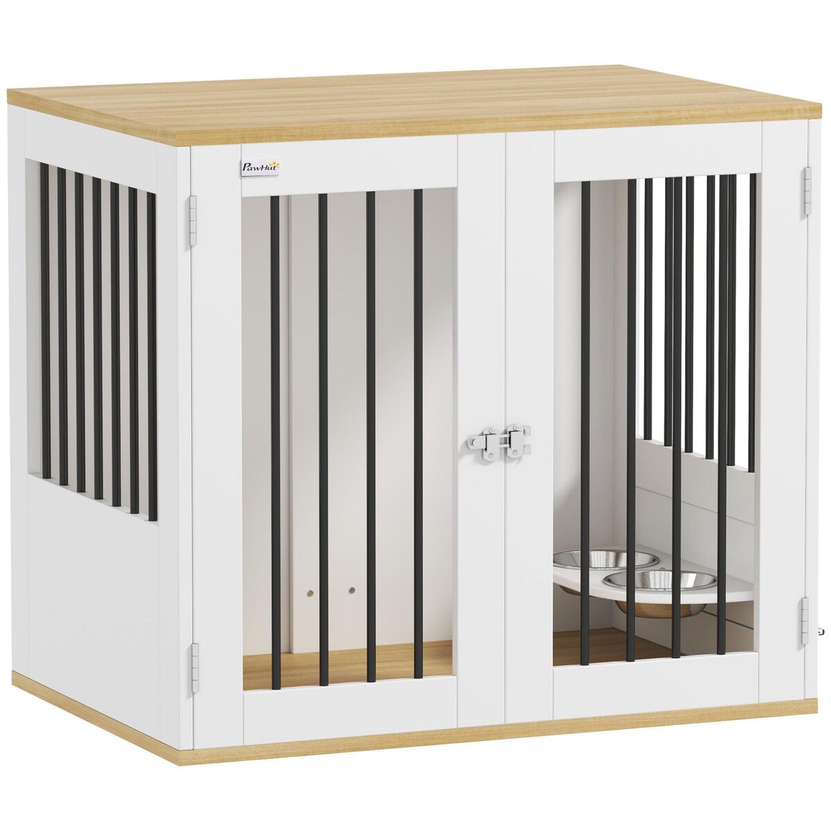 PAWHUT Cage pour chien en bois - 2 portes verrouillables, 2 gamelles rotatives  - 80 x 55 x 71 cm - blanc effet bois clair
