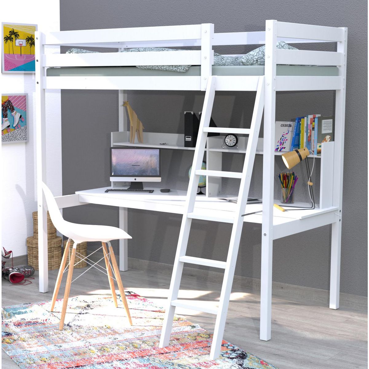 Lit Mezzanine 90 x190 cm en bois massif avec sommier et bureau CITY 