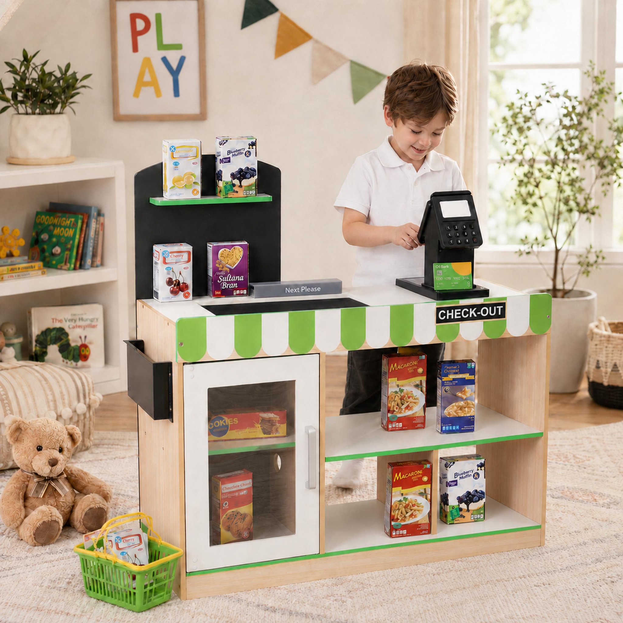 Voir la diapositive 4 : TEAMSON KIDS Stand Marchand Bois avec Caisse et Accessoires Jeu Enfant