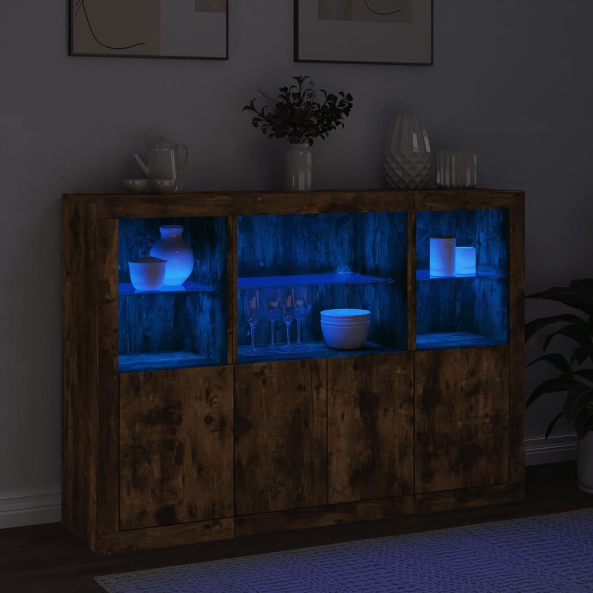 Voir la diapositive 3 : VIDAXL Buffets avec lumieres LED 3 pcs chene fume bois d'ingenierie