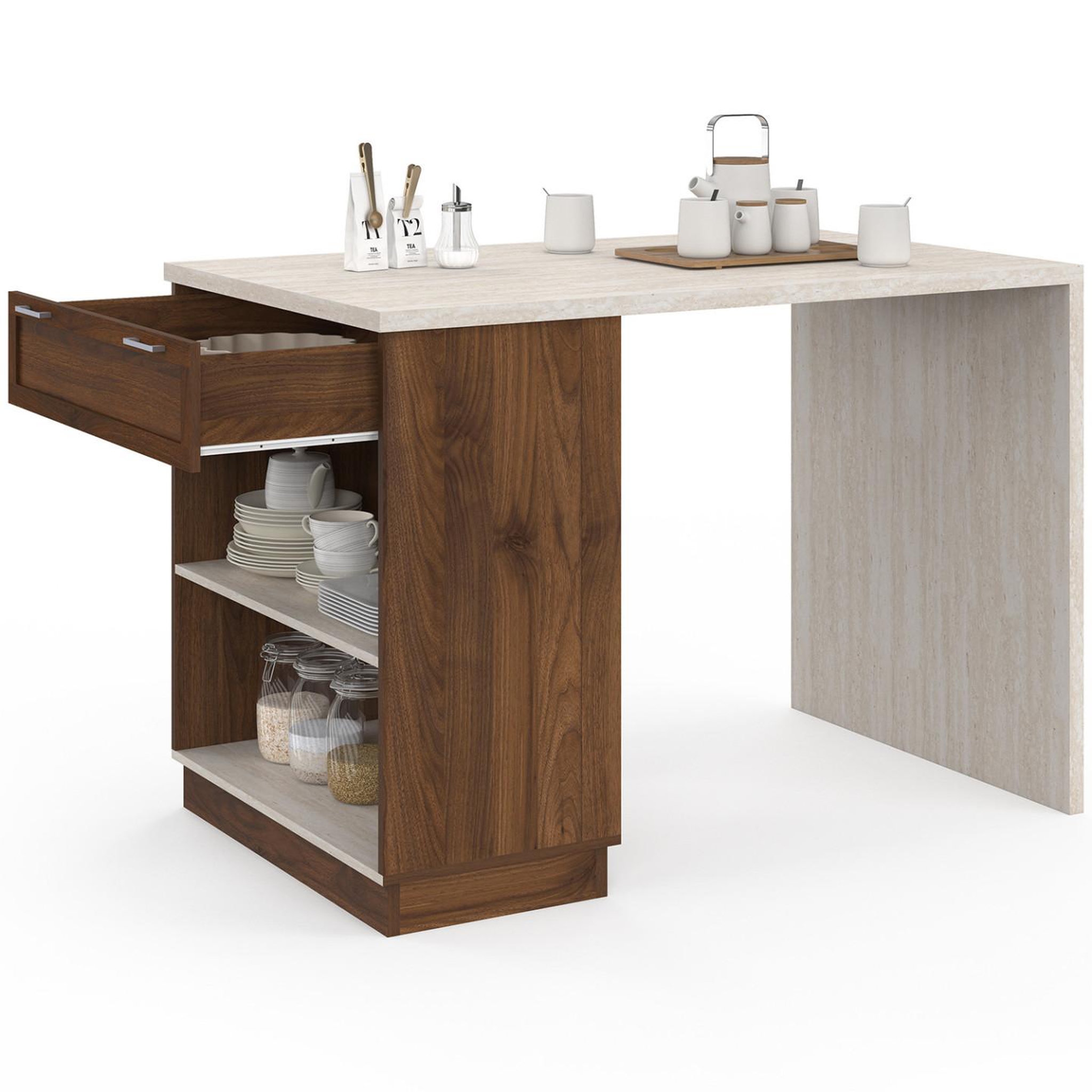 Voir la diapositive 4 : ID MARKET Ilot central mange-debout 4 personnes vito 130 cm bois noyer et plateau effet travertin
