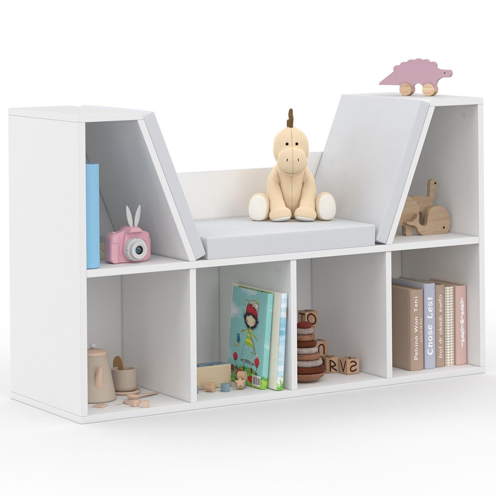 ID MARKET Bibliothèque banc OSCAR 6 cases avec coussins gris 102 cm blanc