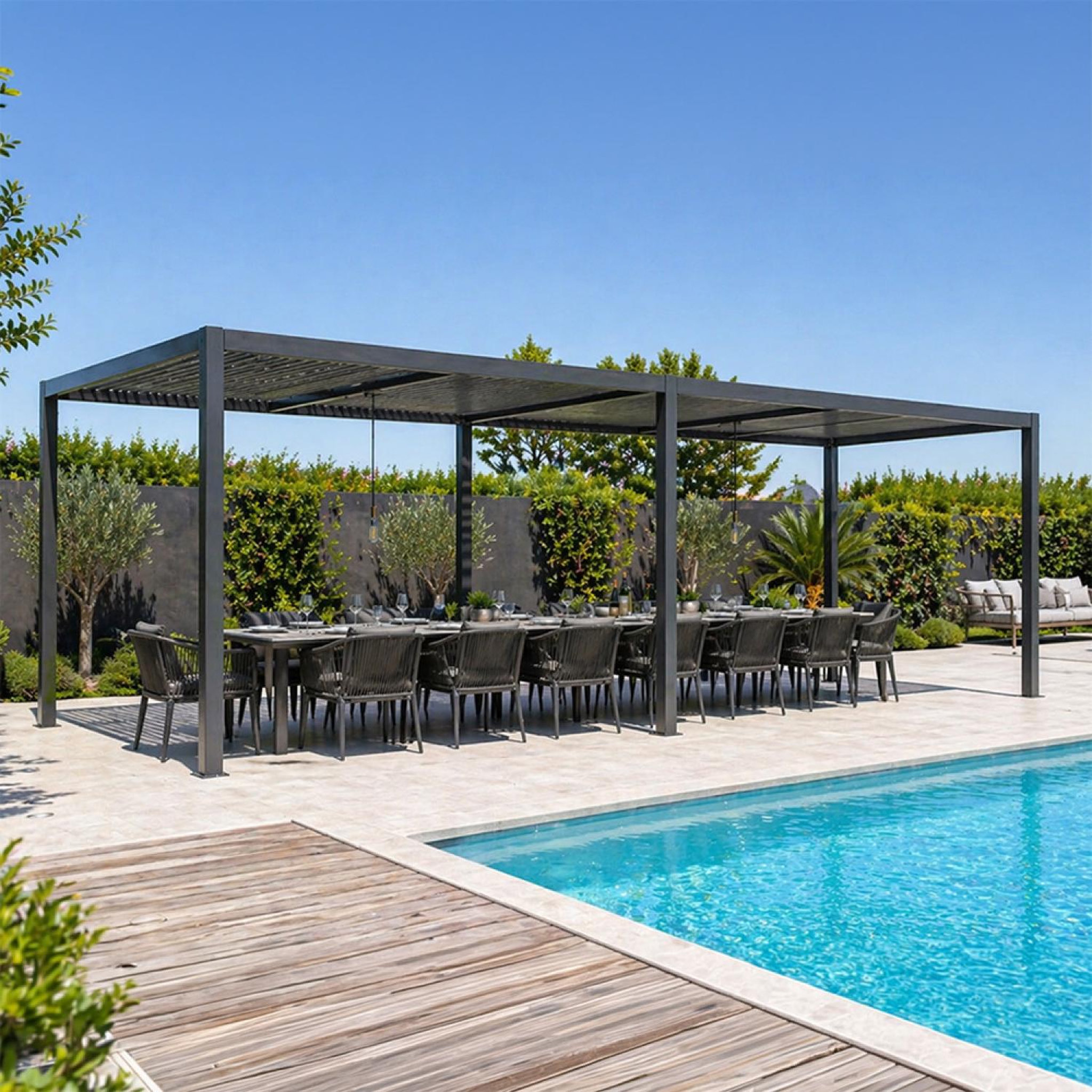 Voir la diapositive 2 : CONCEPT USINE Pergola bioclimatique double 3x6 m noire paros