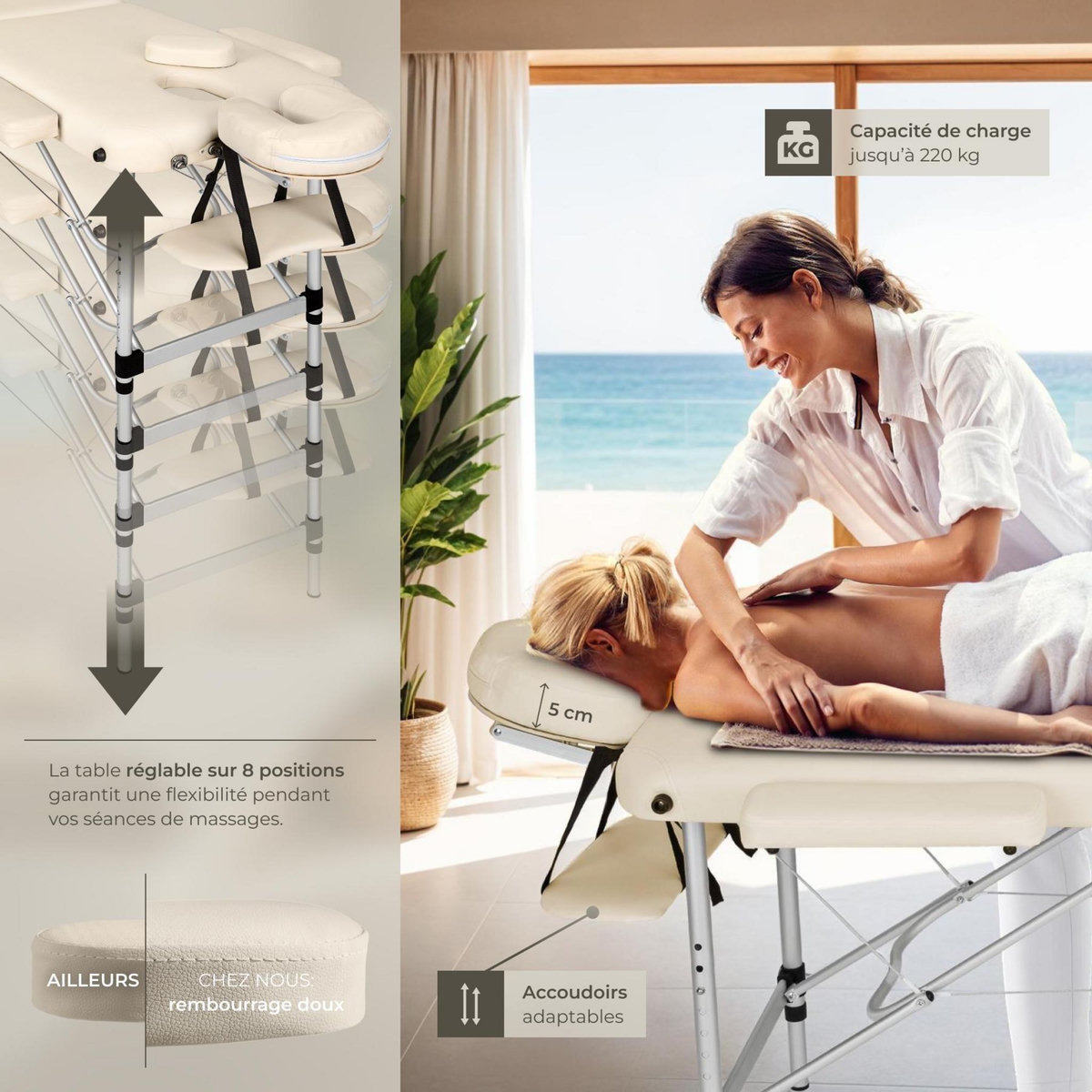 tectake Table de massage portable pliante à 3 zones largeur 60 cm et rembourrage de 5 cm beige