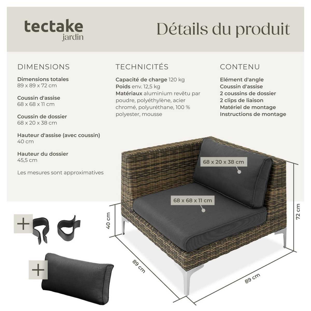 tectake Ensemble modulable en rotin naturel coin droit structure en aluminium gris anthracite chiné