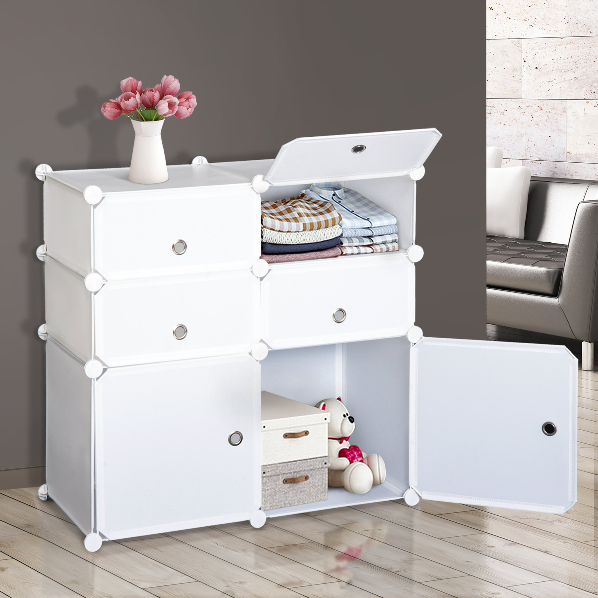 Voir la diapositive 2 : HOMCOM Armoire étagère à chaussures 3 niveaux 6 compartiments plastique + autocollants décoratifs 75L x 37l x 73H cm blanc