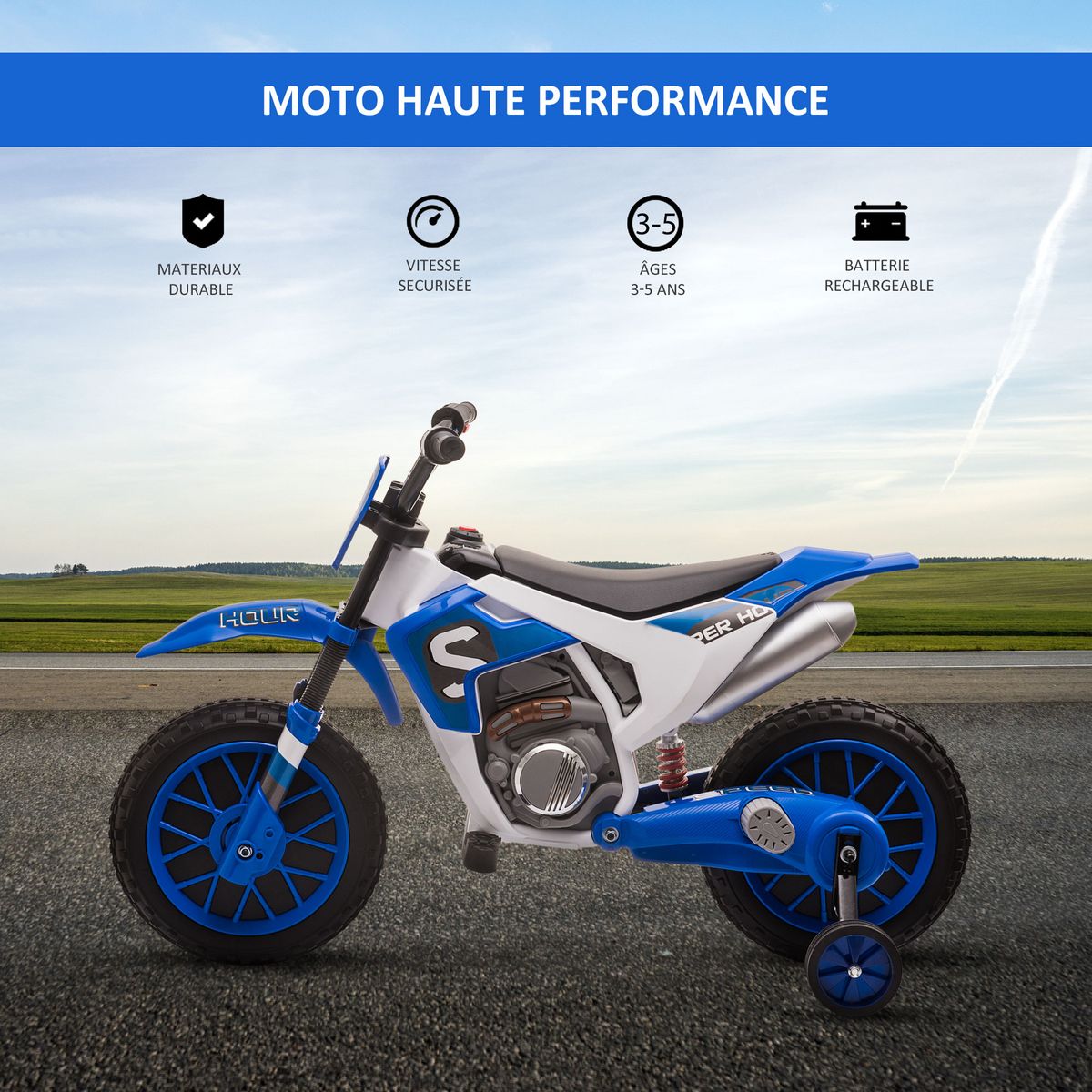 HOMCOM Moto cross électrique enfant 3 à 5 ans 12 V 3-8 Km/h  avec roulettes latérales amovibles dim. 106,5L x 51,5l x 68H cm bleu