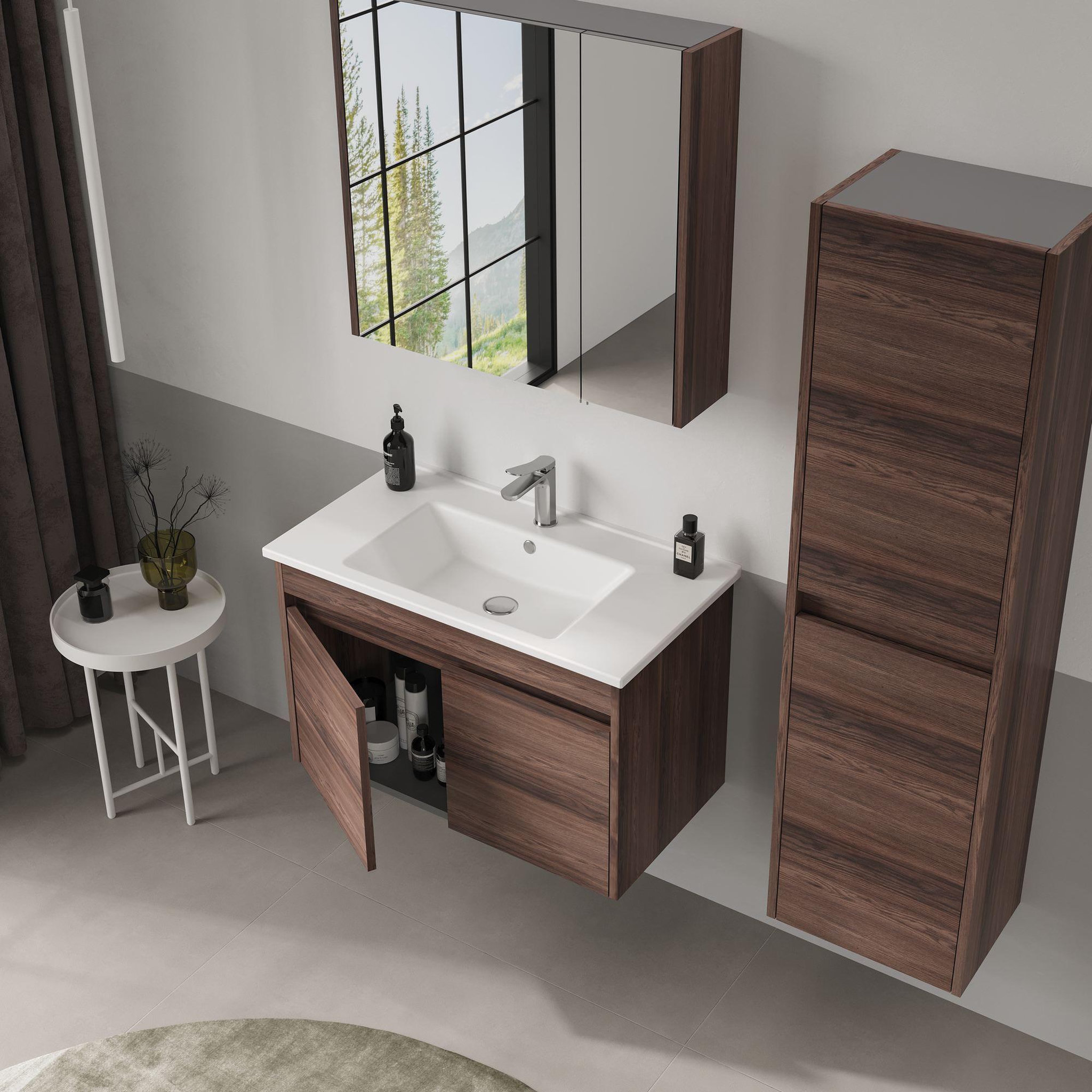Voir la diapositive 4 : Habitat et Jardin Meuble Salle de Bain avec Miroir  Side 80  - 79 x 16 x 66 cm - Dark Walnut