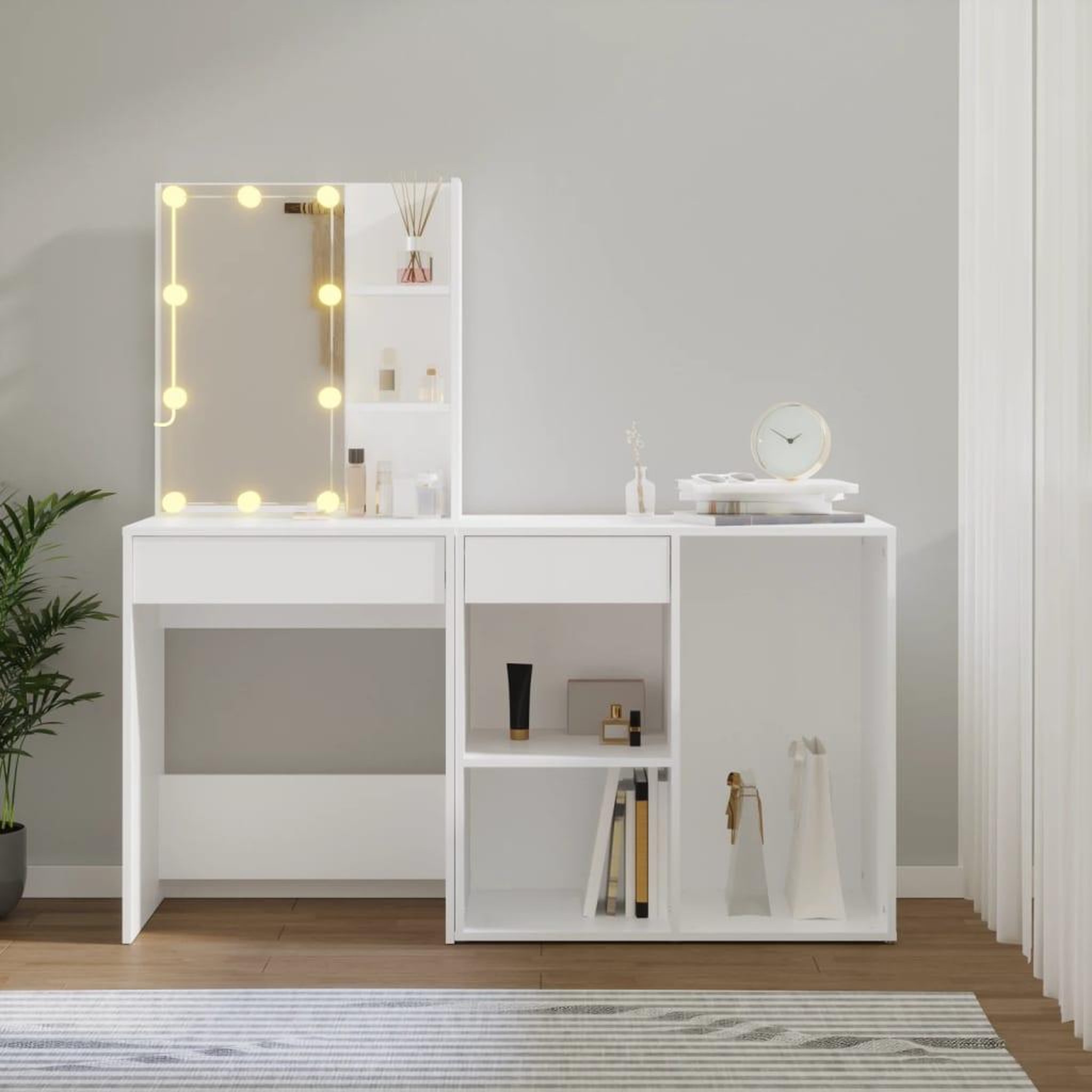 Voir la diapositive 4 : VIDAXL Coiffeuse a LED avec armoire Blanc Bois d'ingenierie