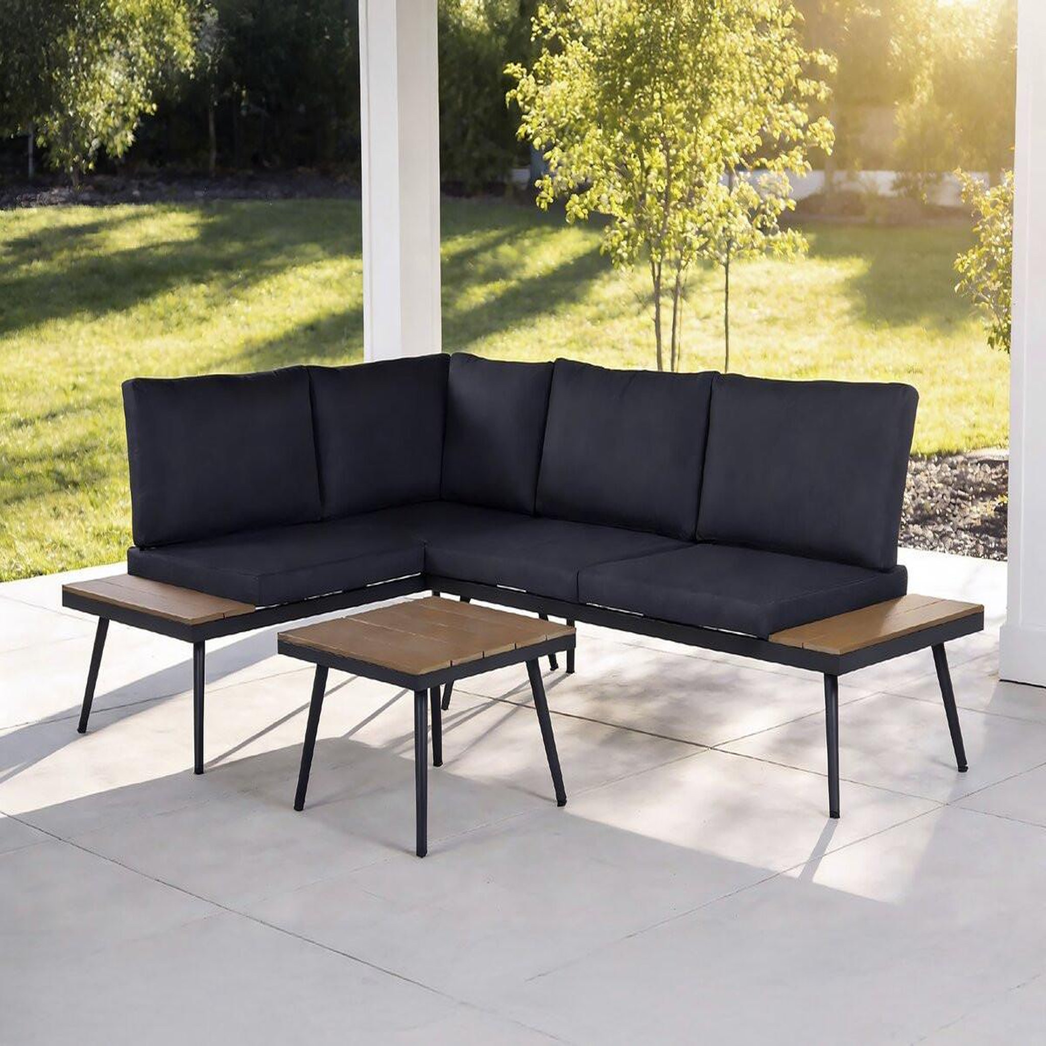 Voir la diapositive 2 : Habitat et Jardin Salon de jardin canapé d'angle décor imitation bois  mira  - 4 places - gris
