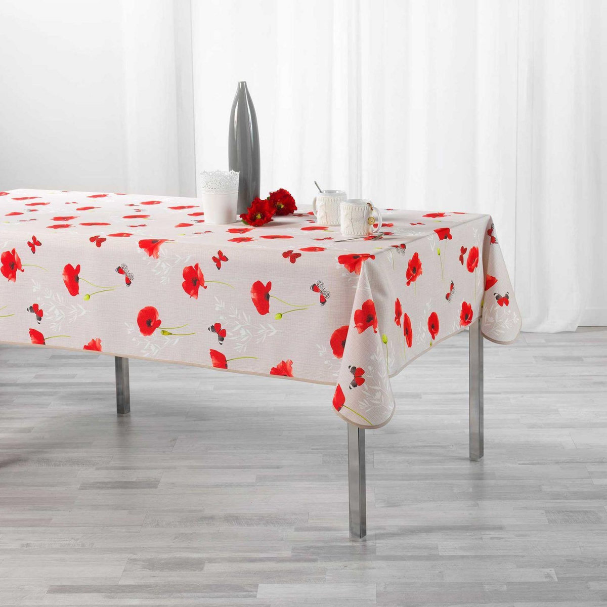 Douceur d'Intérieur Nappe rectangle antitache Amapola - 150 x 240 cm  - Beige et rouge