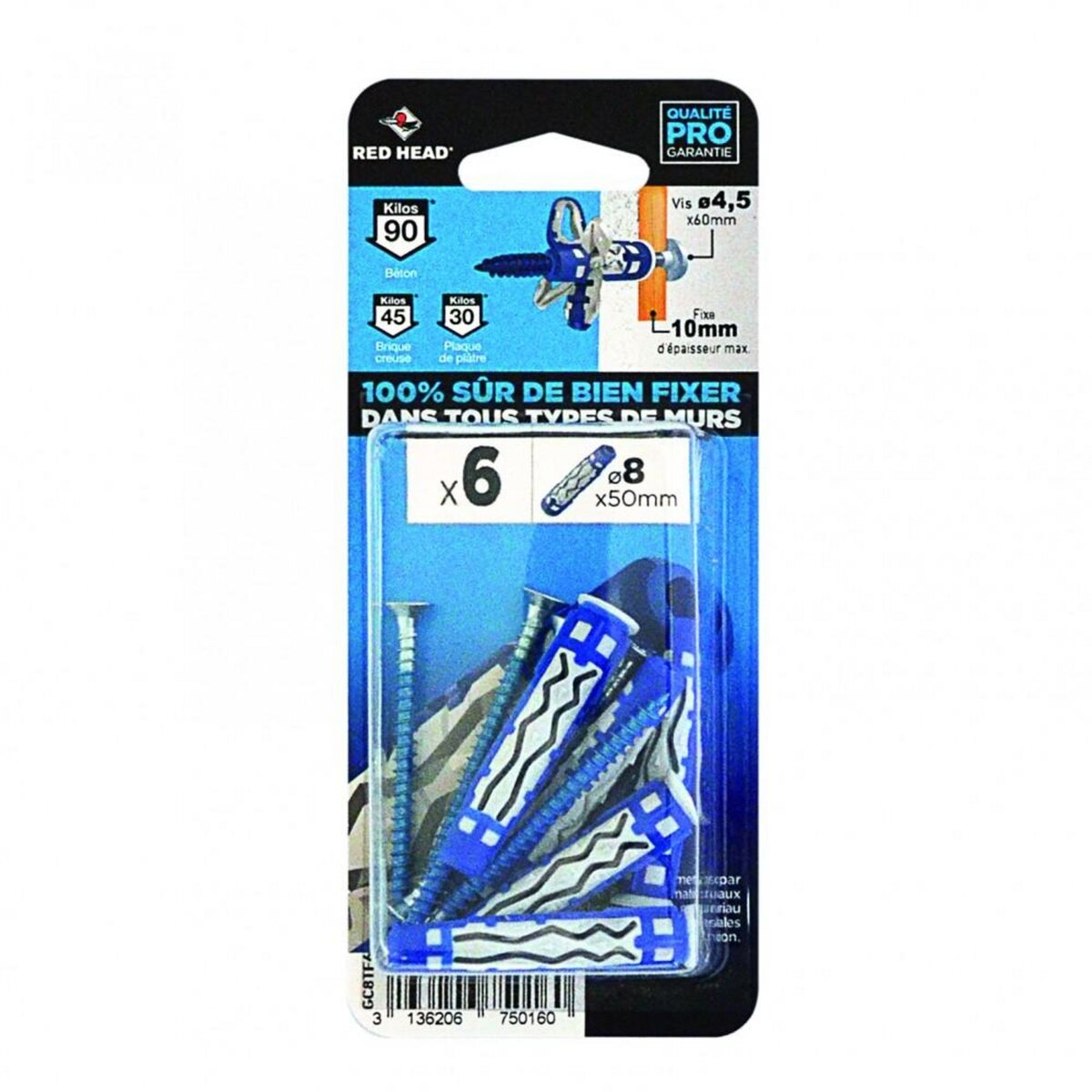 RED HEAD Lot de 6 chevilles et vis couleur RED HEAD, Diam.8 mm x L.50 mm