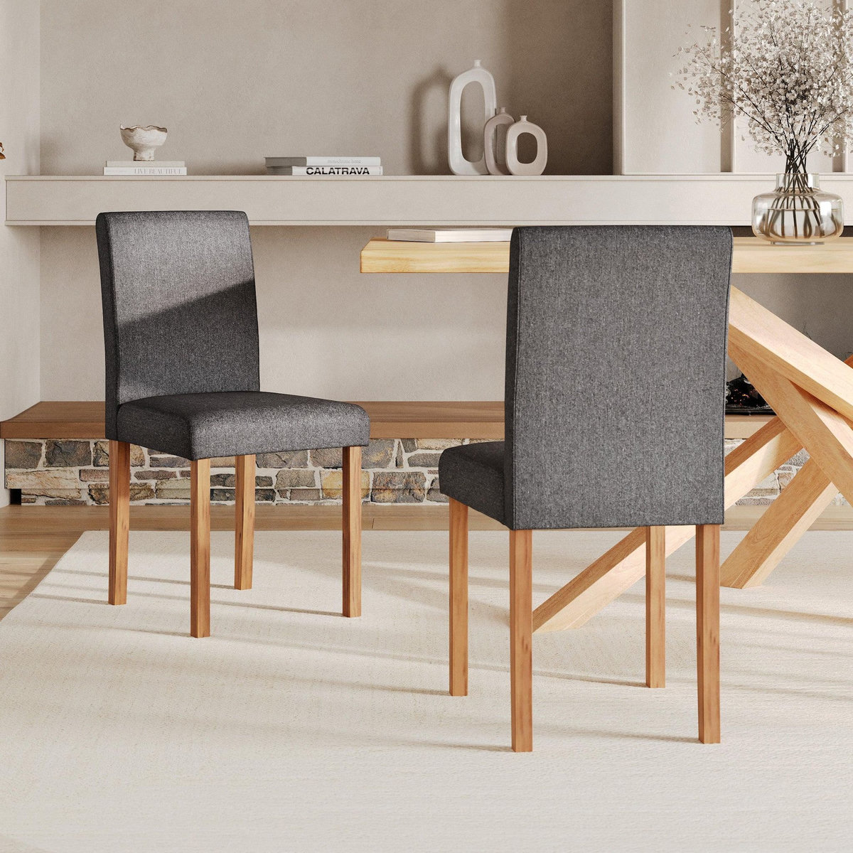 Rendez vous déco Lot de 2 chaises en tissu gris foncé et pieds en bois d'hévéa - Havane