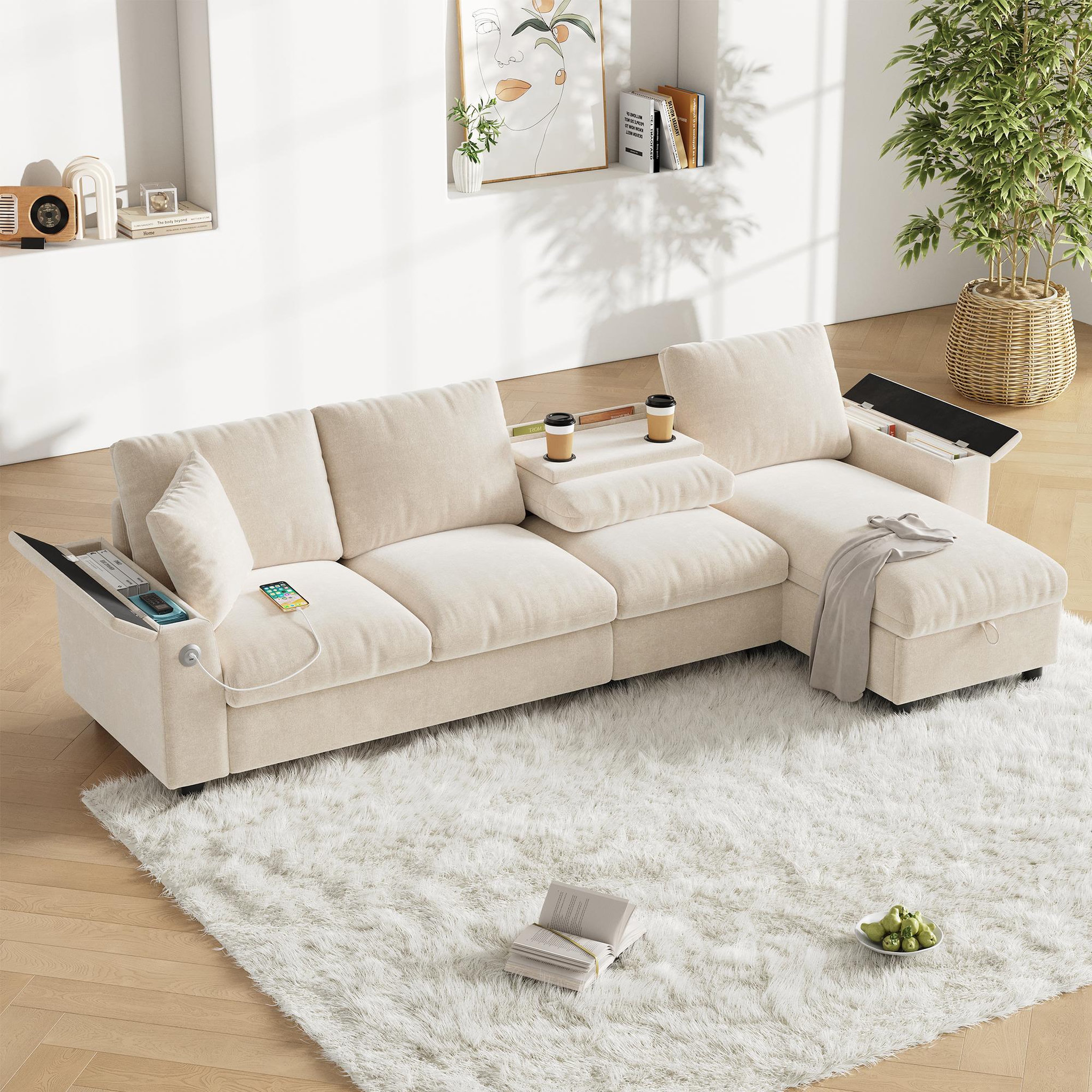 Voir la diapositive 5 : MERAX Canapé d'angle réversible fixe 4 places tissu coffre de rangement