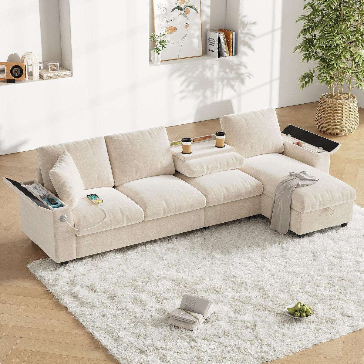 MERAX Canapé d'angle réversible fixe 4 places tissu coffre de rangement