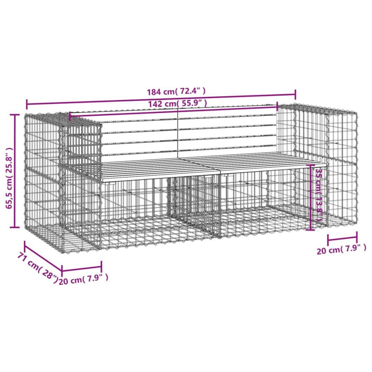 VIDAXL Banc de jardin design gabion 184x71x65,5 cm bois massif de pin