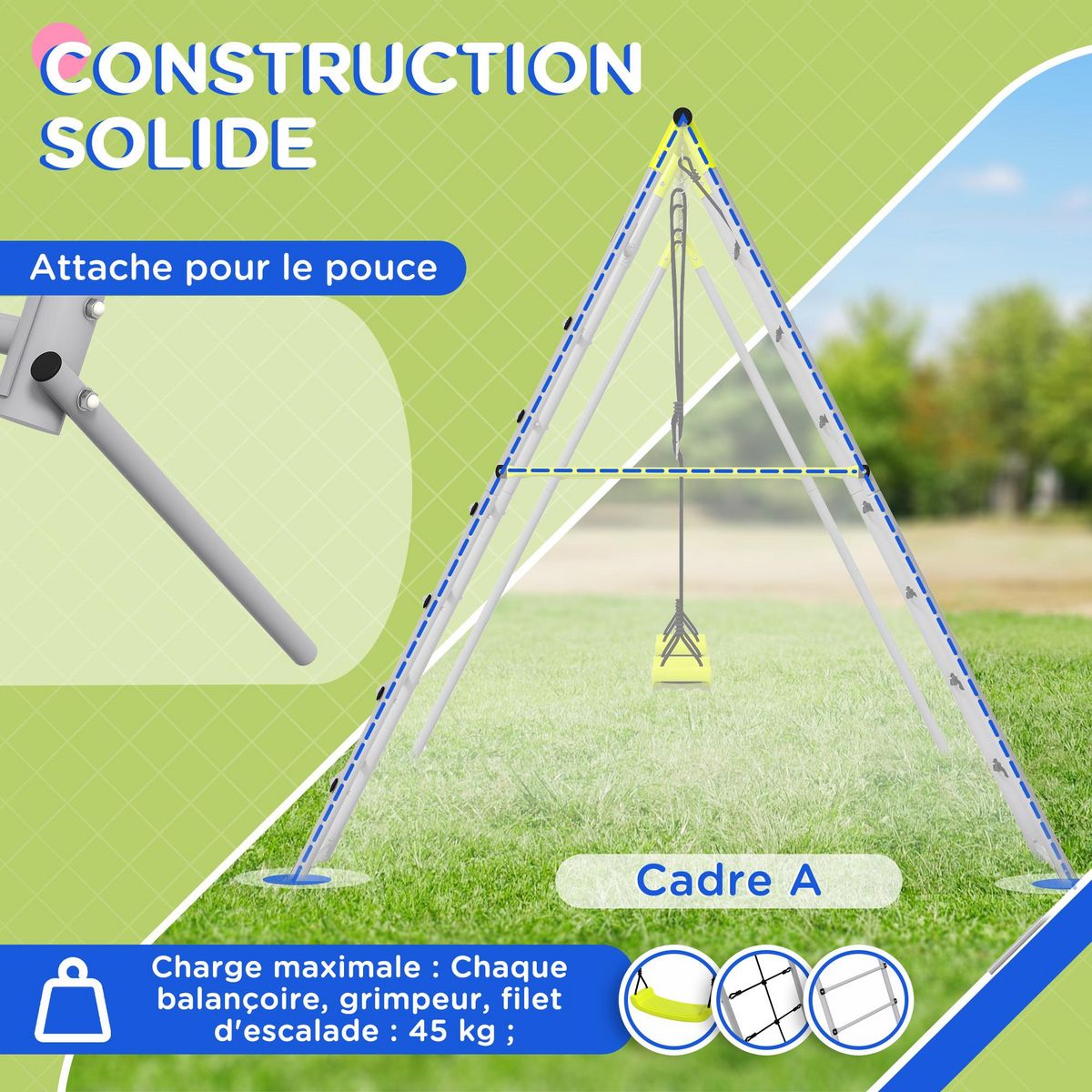 OUTSUNNY Balançoire portique 4 agrès - 2 balançoires, 2 échelles - dim. 2,6L x 1,85l x 1,8H m - métal époxy PE gris vert