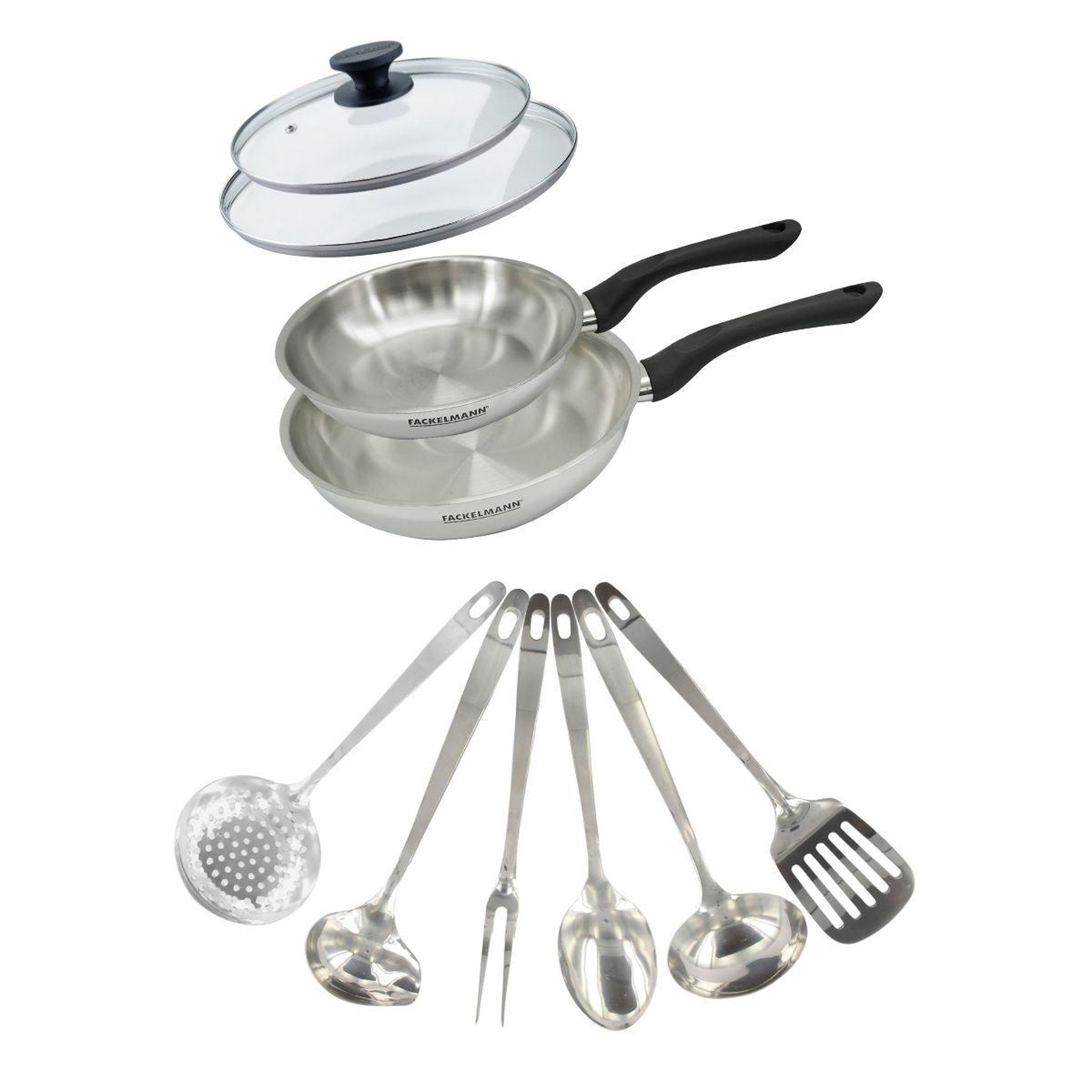 Fackelmann Set 2 poêles 20 et 24 cm en inox, couvercle verre et 6 ustensiles inox fackelmann geneva
