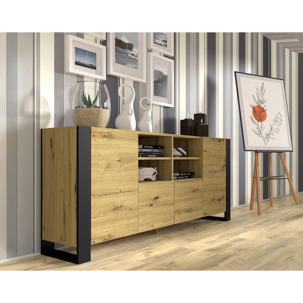BEST MOBILIER Pedro - buffet bas - effet bois et noir - 188 cm