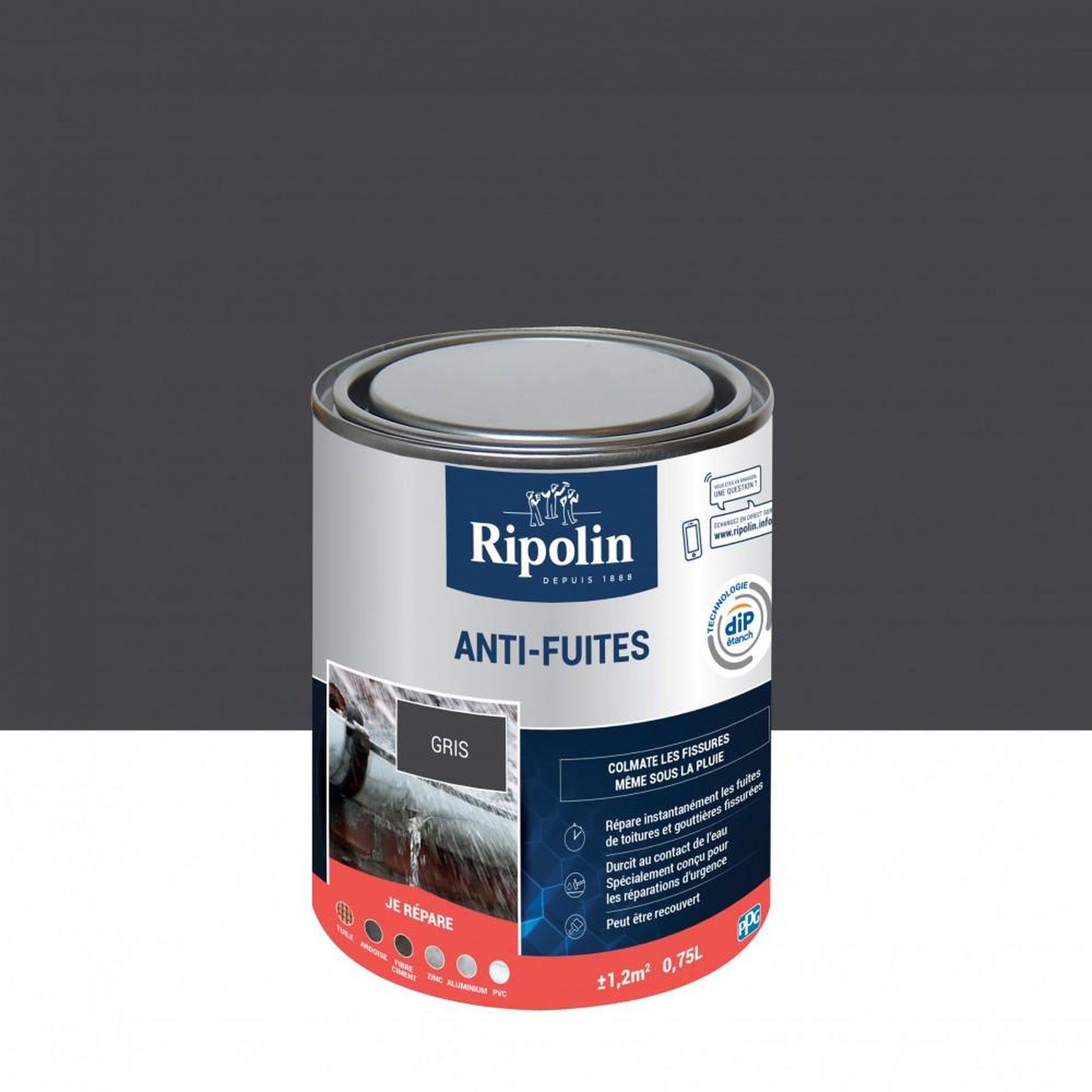 CENTRALE BRICO Revêtement d'étanchéité, RIPOLIN Anti-fuites toiture&goutière gris 0,75 L
