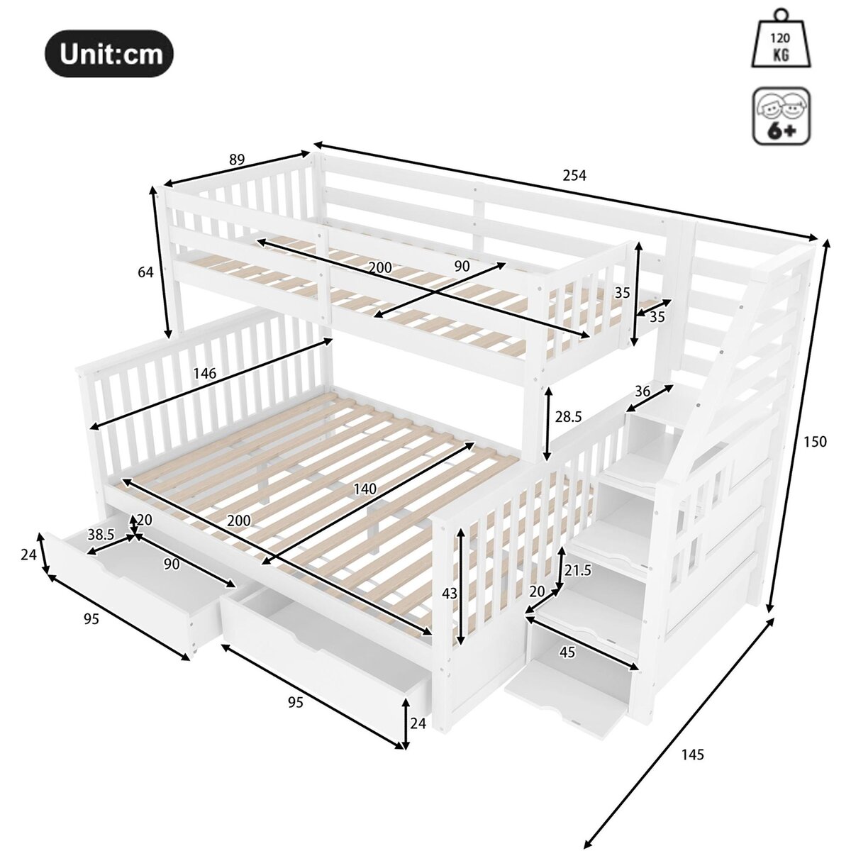 MERAX Lit superposé 140x200(90x200) cm coloris blanc pin