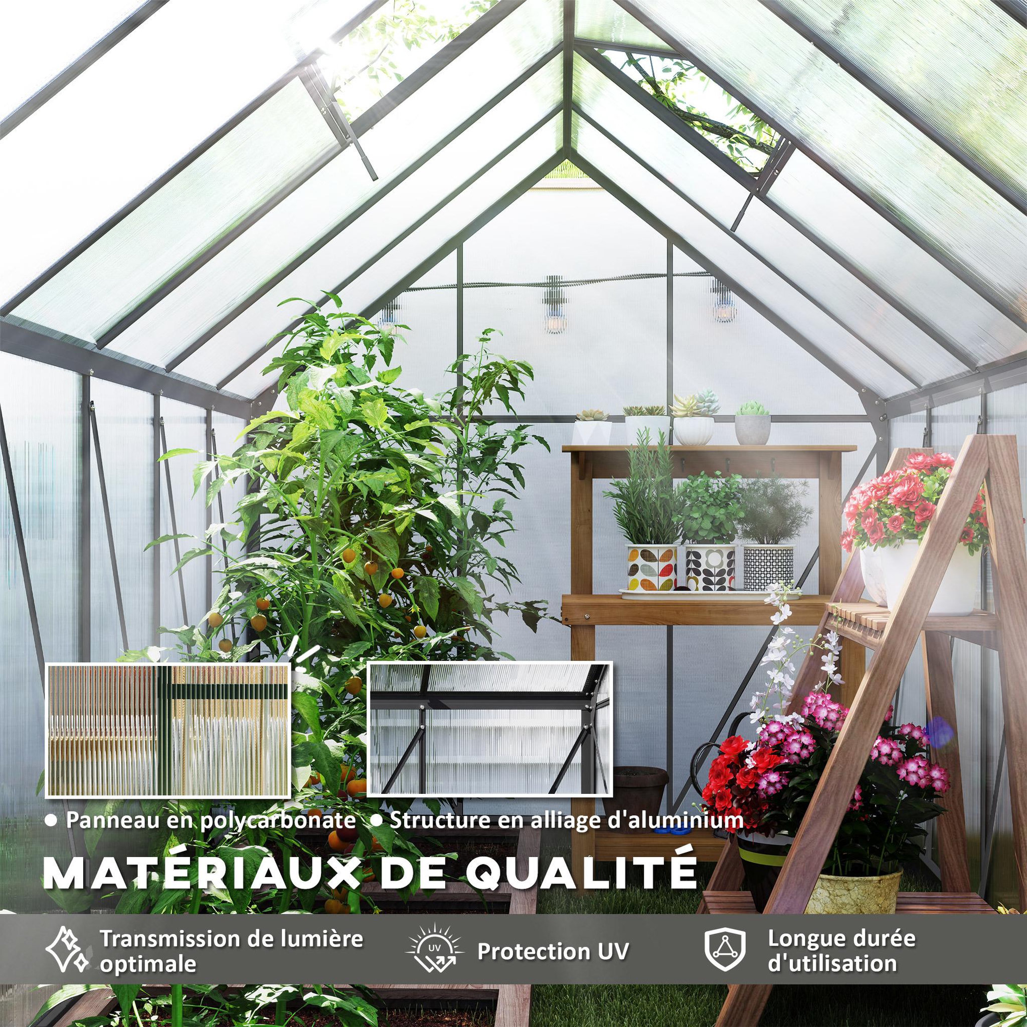 Voir la diapositive 6 : OUTSUNNY Serre de jardin polycarbonate alu 7 m² dim. 3,75l x 1,9l x 1,99h m lucarne réglable fondation porte coulissante gris