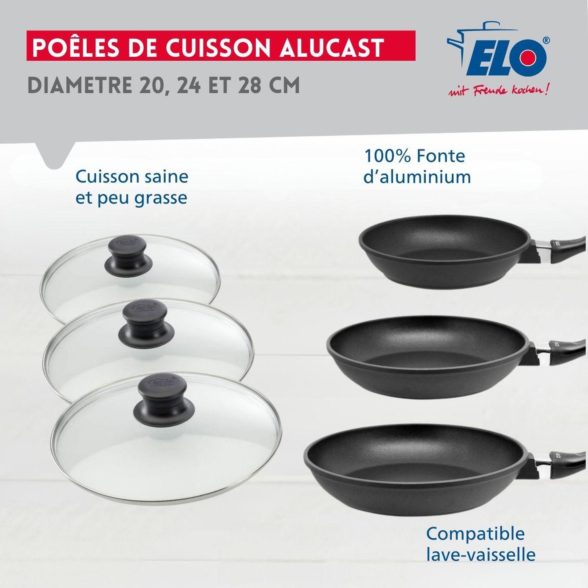 Voir la diapositive 3 : ELO Set de 3 poêles 20, 24 et 28 cm et 3 couvercles sans pfas elo alucast
