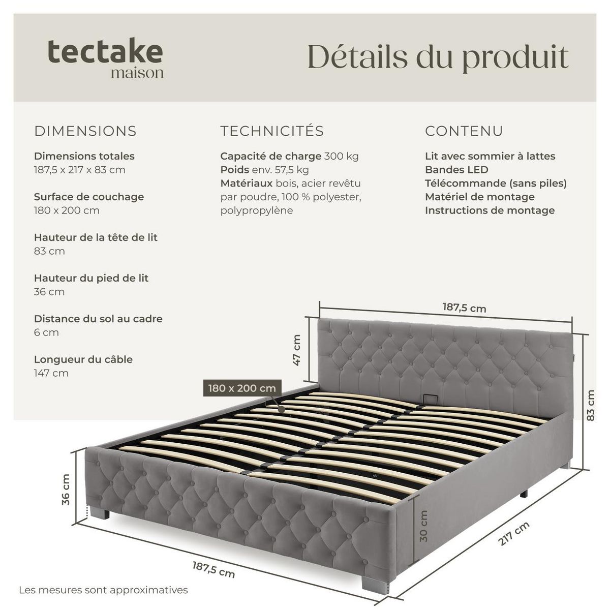 tectake Lit rembourré En aspect velours avec motif matelassé gris foncé 180 x 200 cm