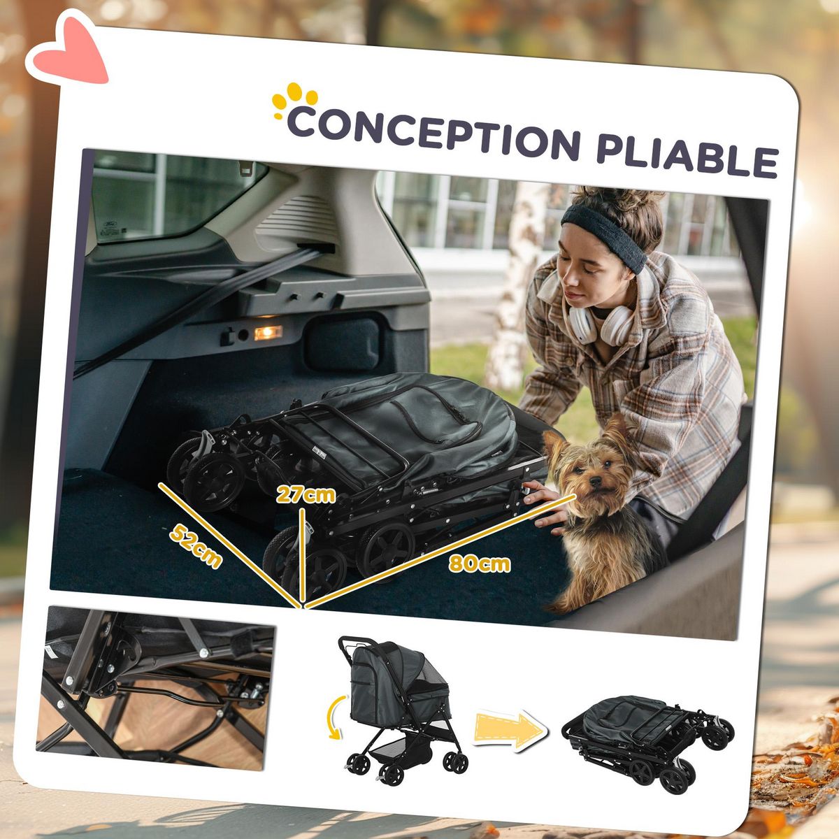 PAWHUT Poussette buggy pliable chien chat panier et sac de rangement attaches sécurité housse réglable poignée réglable acier Oxford gris