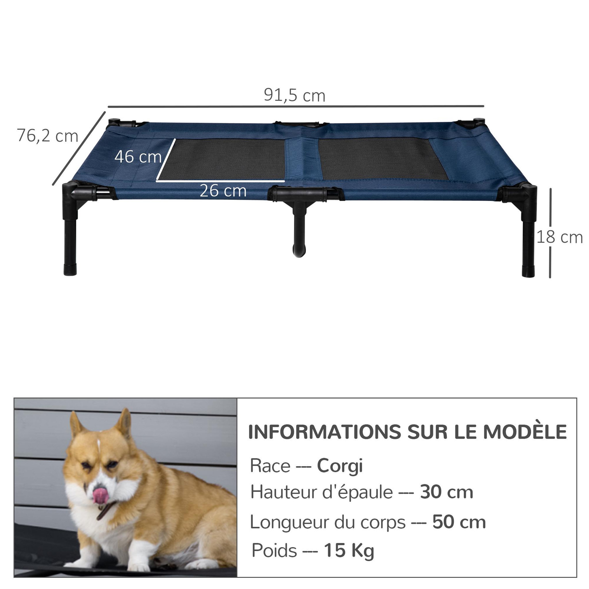 Voir la diapositive 3 : PAWHUT Lit sur pieds xxl pour chien chat lit de camp animal lit surélevé tissu oxford textilène micro-perforé 92l x 76l x 18h cm bleu marine