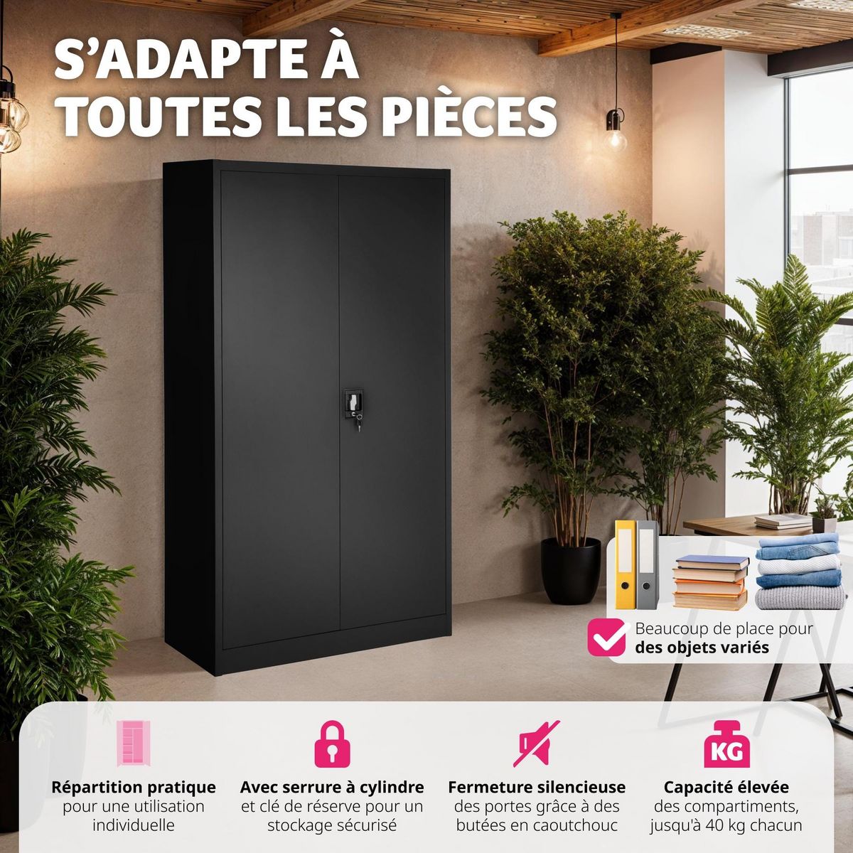 tectake Vestiaire en métal en Acier lâqué époxy noir
