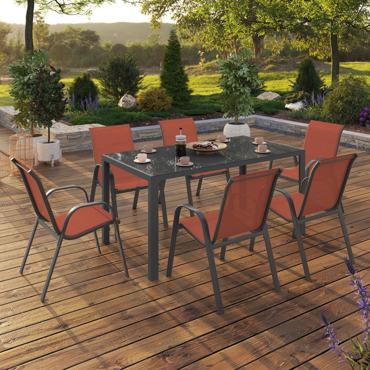 ID MARKET Salon de jardin MADRID table 150 CM et 6 chaises empilables terracotta