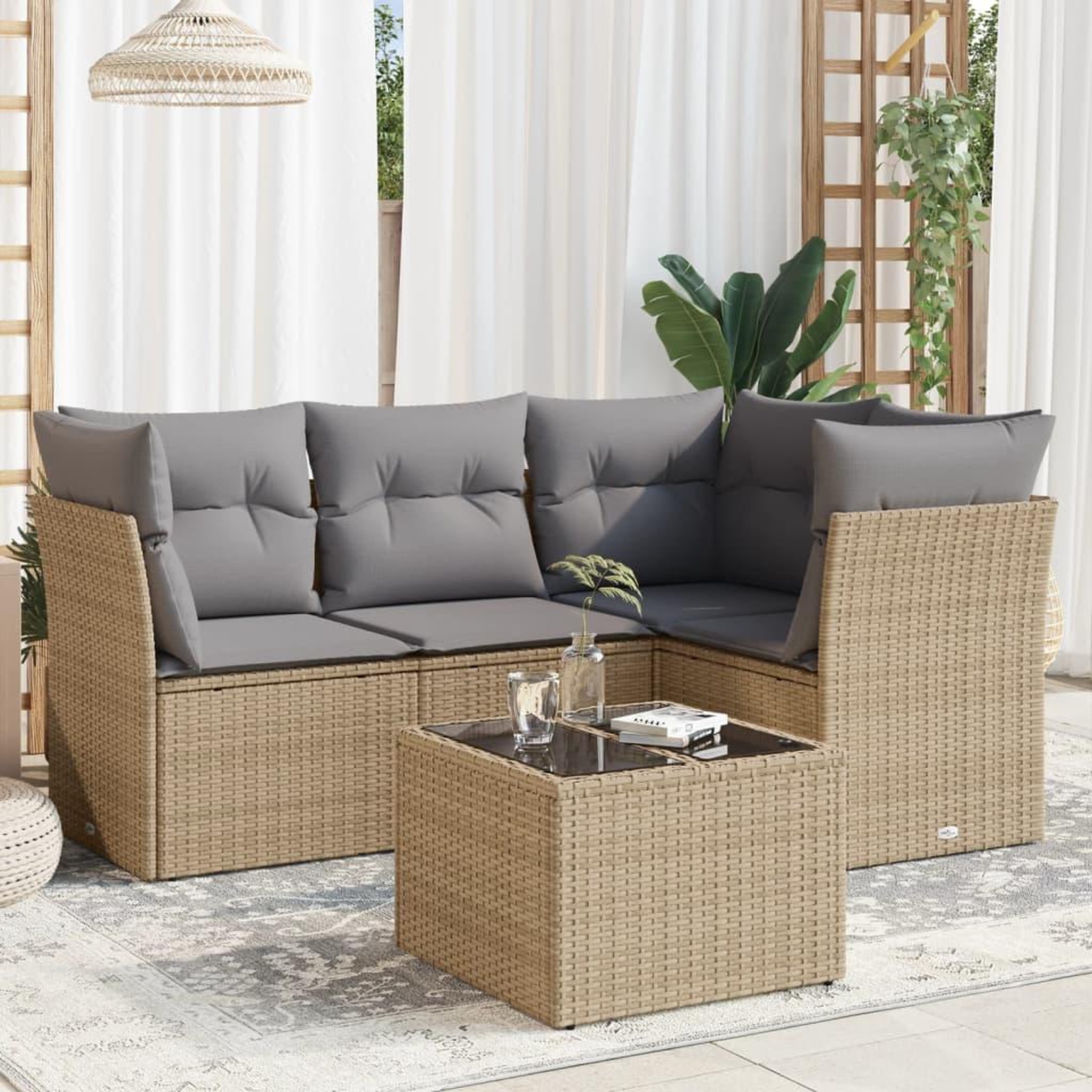 VIDAXL Salon de jardin avec coussins 5 pcs beige resine tressee