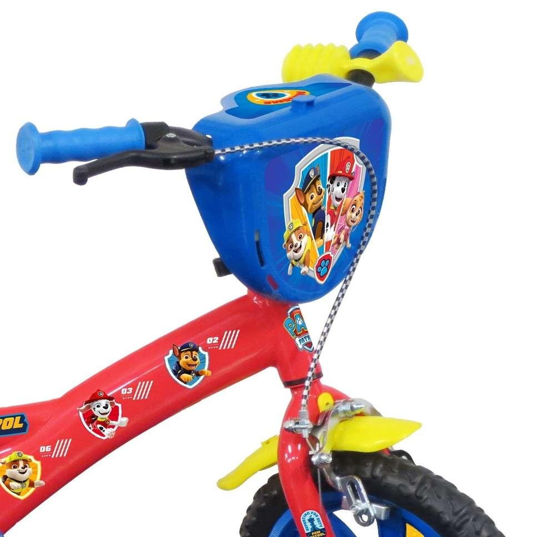 Voir la diapositive 4 : Nickelodeon Vélo enfant - Modèle 12'' Pat Patrouille + Casque pour enfant de 85/100 cm avec stabilisateurs - Plaque décorative avant - Porte bidon - 1 frein et roues à bâtons