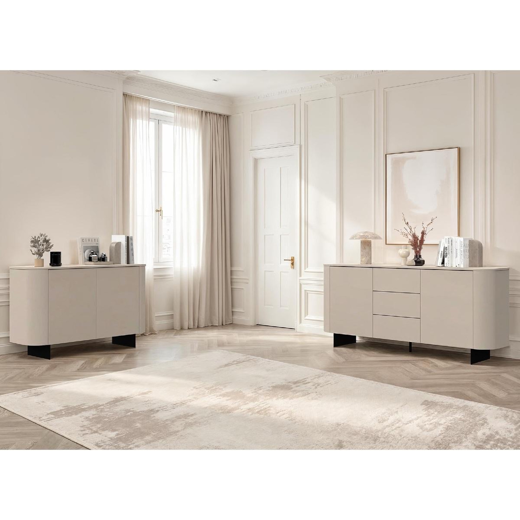 Voir la diapositive 5 : JLC KREATION Buffet bas arrondi beige cachemire 180cm isabela