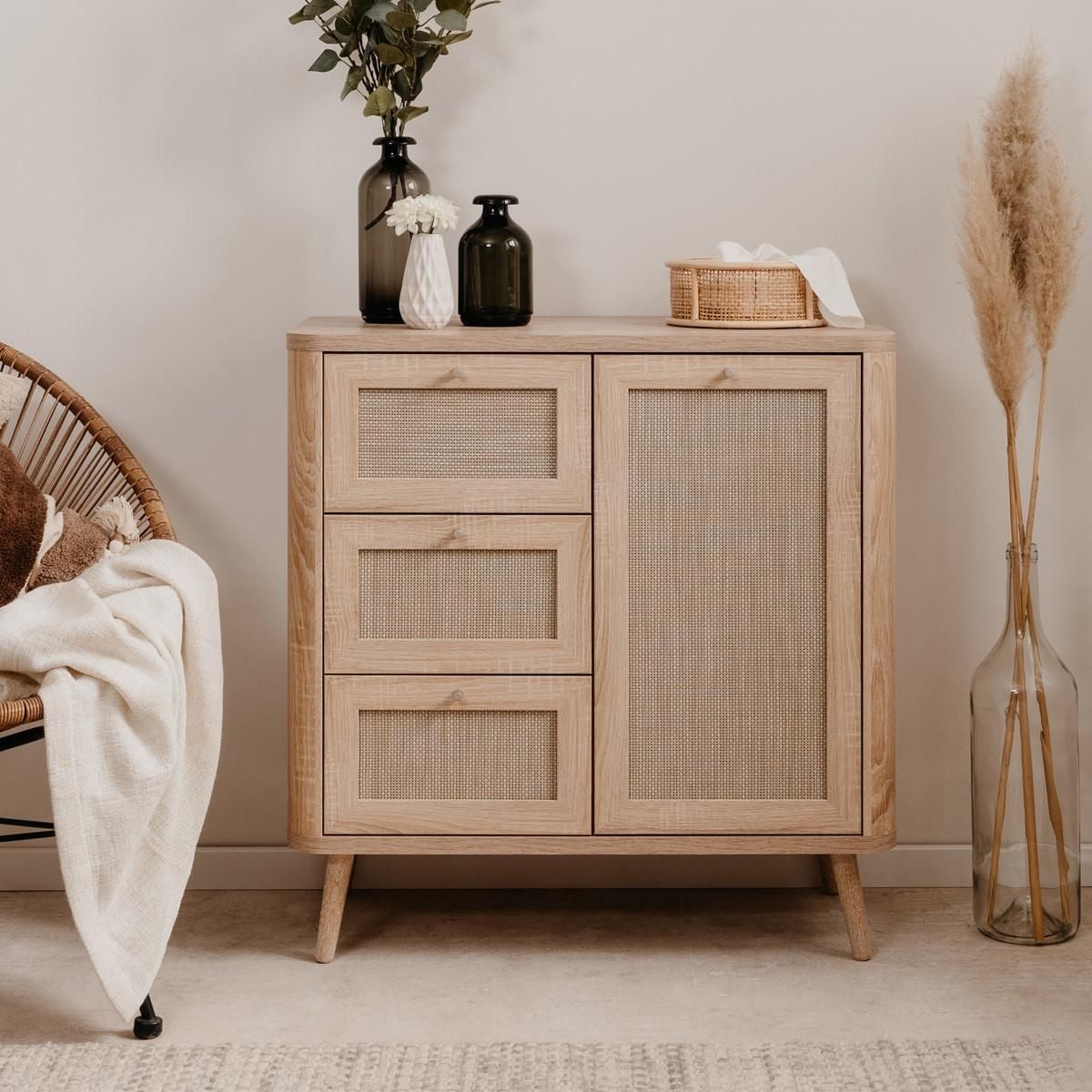 HOMIFAB Petit buffet cannage et effet bois naturel 81 cm - Padang