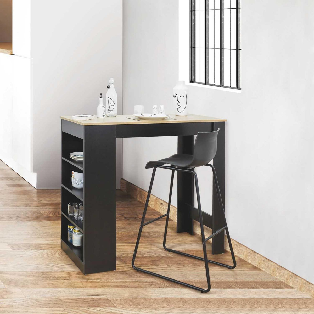 TOILINUX Table de bar mange debout Cheers avec 4 niches de rangement en MDF - Noir et Marron