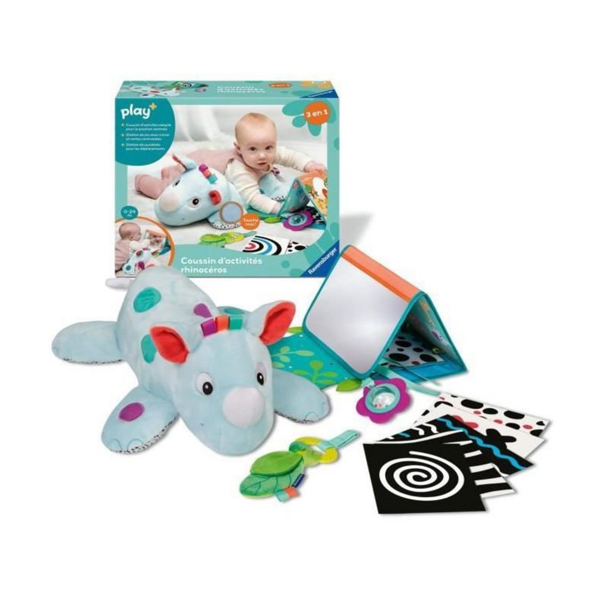RAVENSBURGER Ravensburger -PLAY + - Coussin d'activités 3en1 rhincéros - Des la naissance - version française - 34010