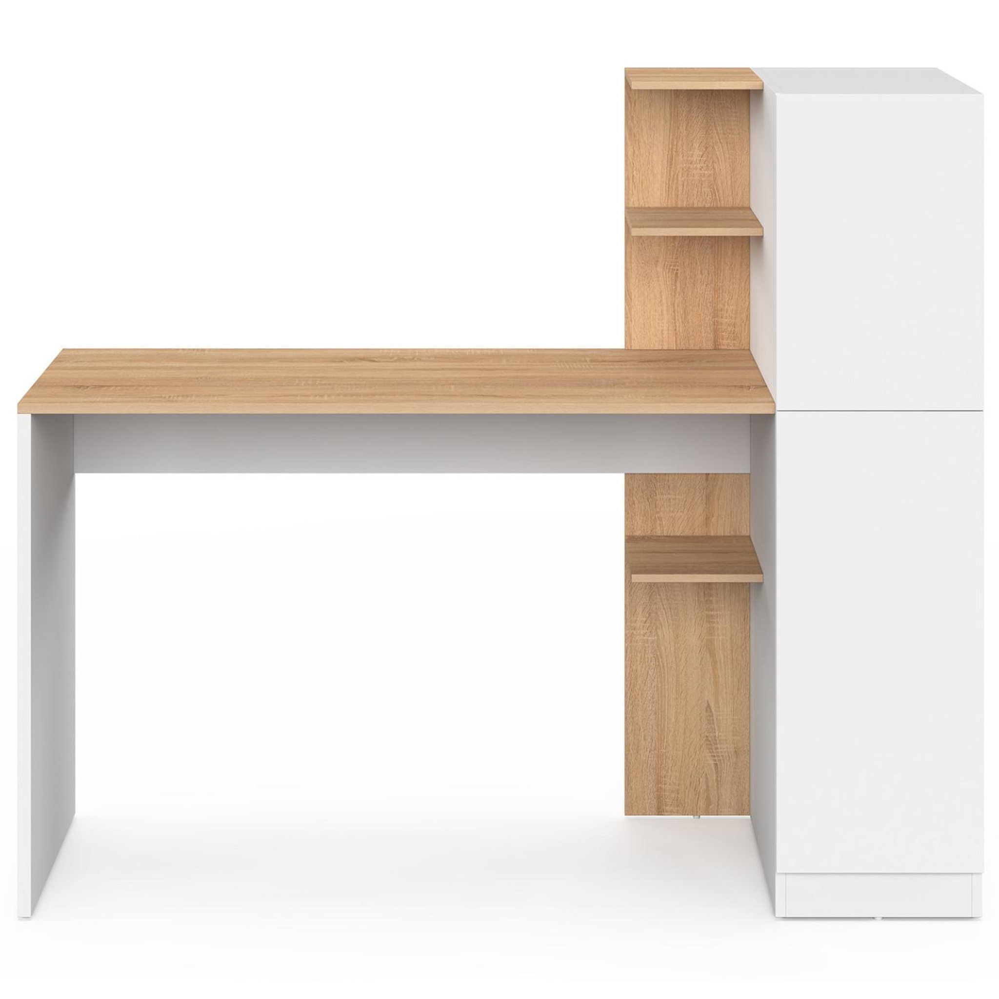 Voir la diapositive 3 : ID MARKET Bureau avec armoire de rangements 140x50 cm NICO étagères blanc et bois