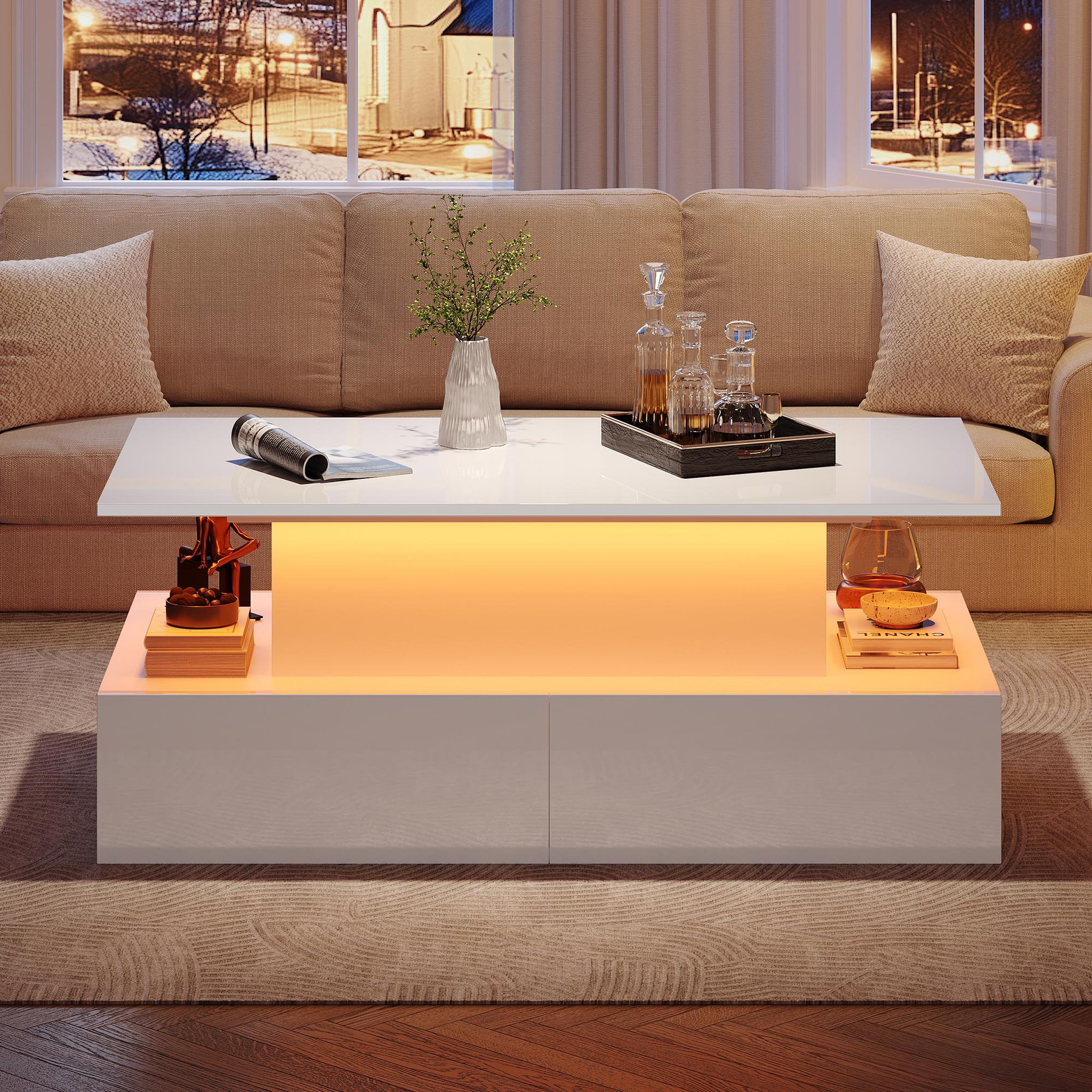 Voir la diapositive 2 : MERAX Table Basse 4 Tiroirs Et Plateau Relevable