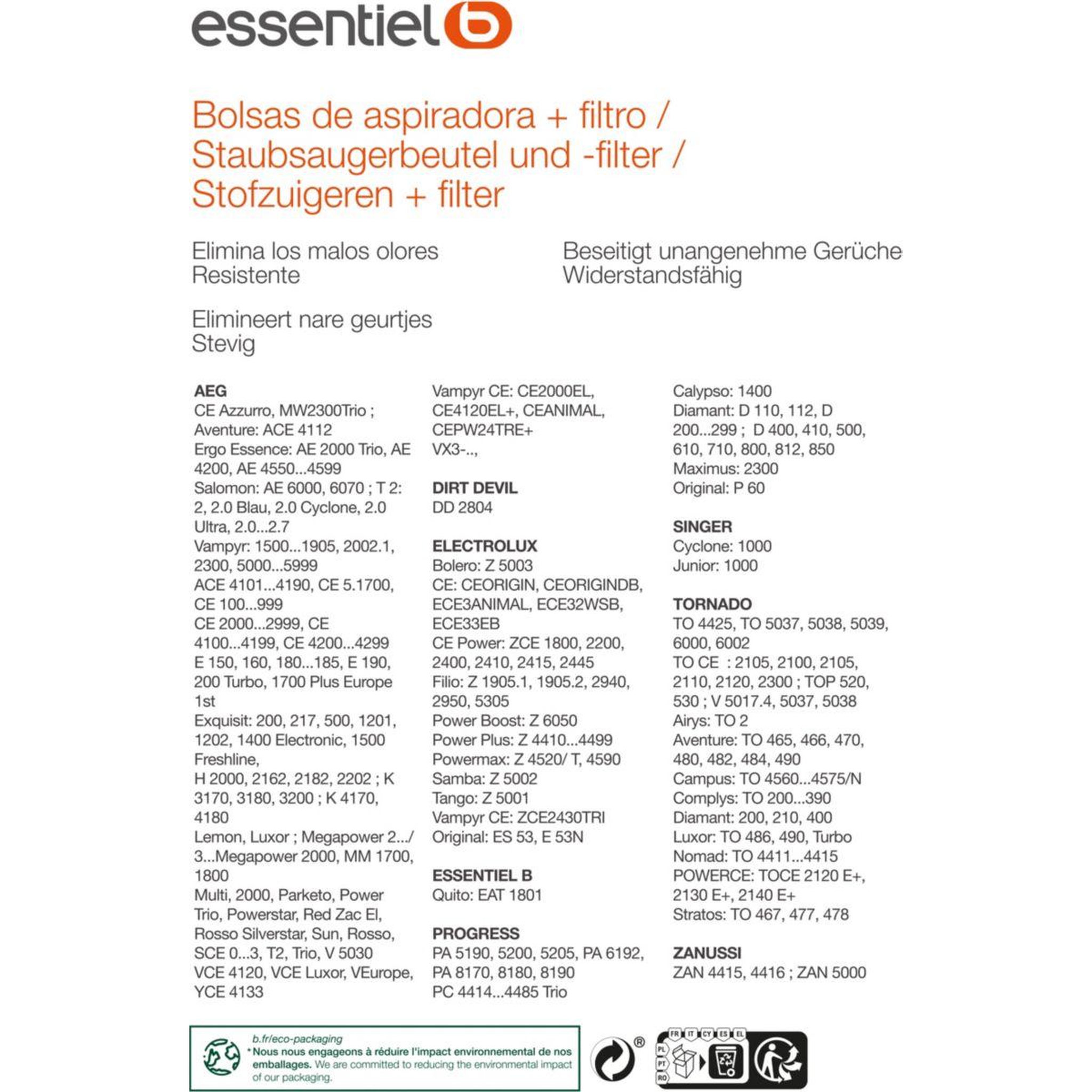 Voir la diapositive 2 : ESSENTIEL B Sac aspirateur eb1000