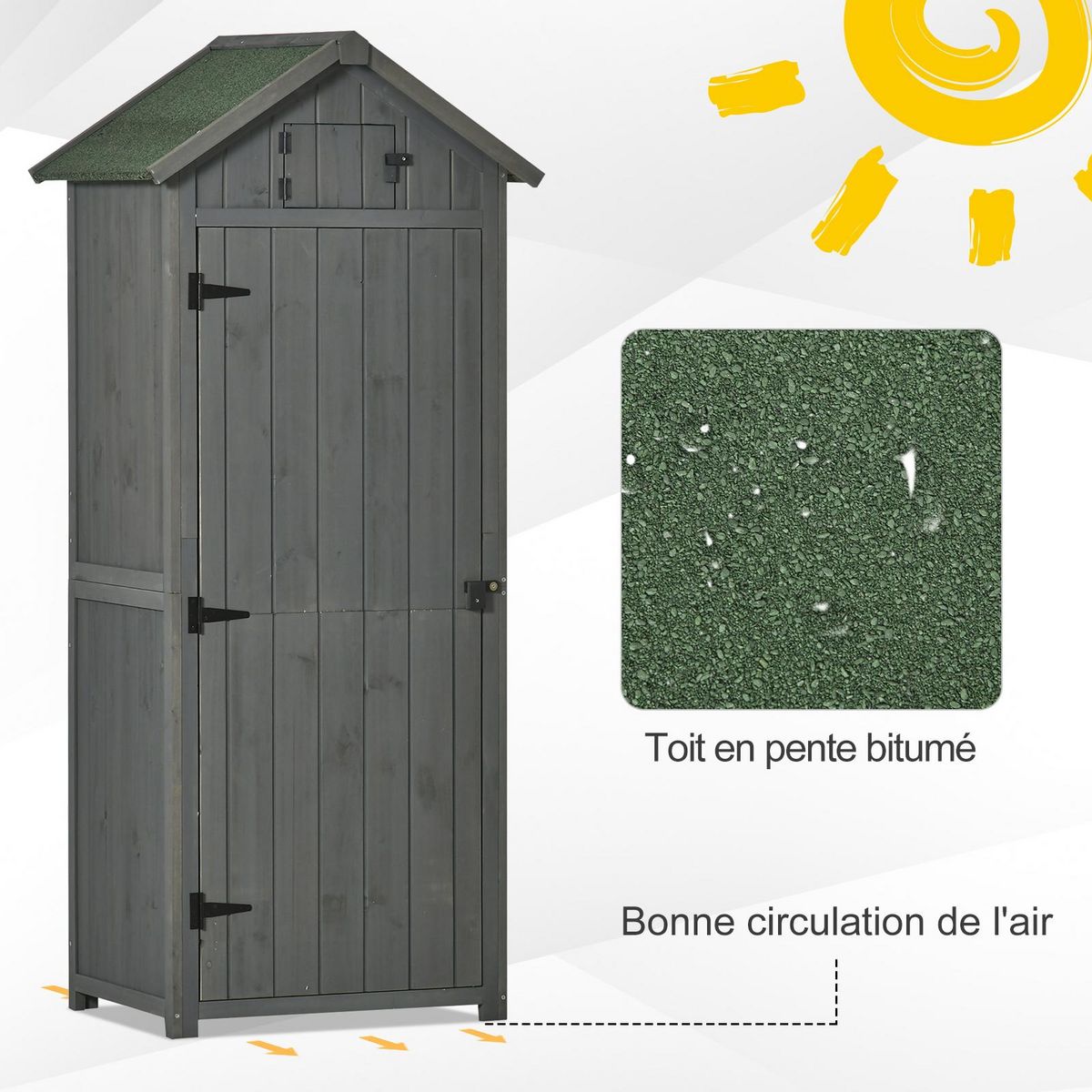 OUTSUNNY Armoire abri de jardin remise pour outils 3 étagères 2 portes loquets toit pente bitumé 77L x 54l x 179H cm sapin traité gris