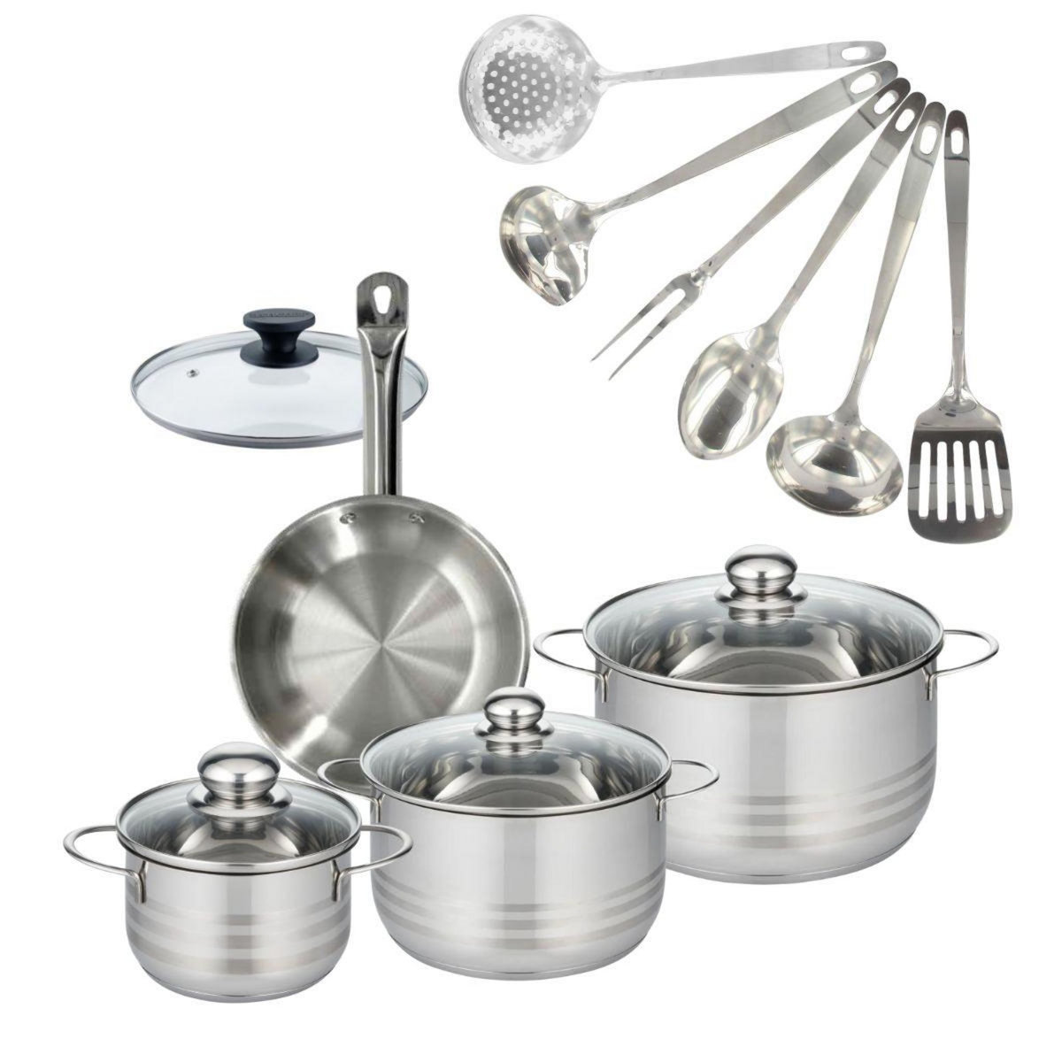 Fackelmann Set 1 poêle 20 cm en inox et couvercle, 3 faitouts inox 16, 20 et 24 cm et 6 ustensiles inox Fackelmann Eterna
