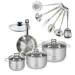 Fackelmann Set 1 poêle 20 cm en inox et couvercle, 3 faitouts inox 16, 20 et 24 cm et 6 ustensiles inox Fackelmann Eterna